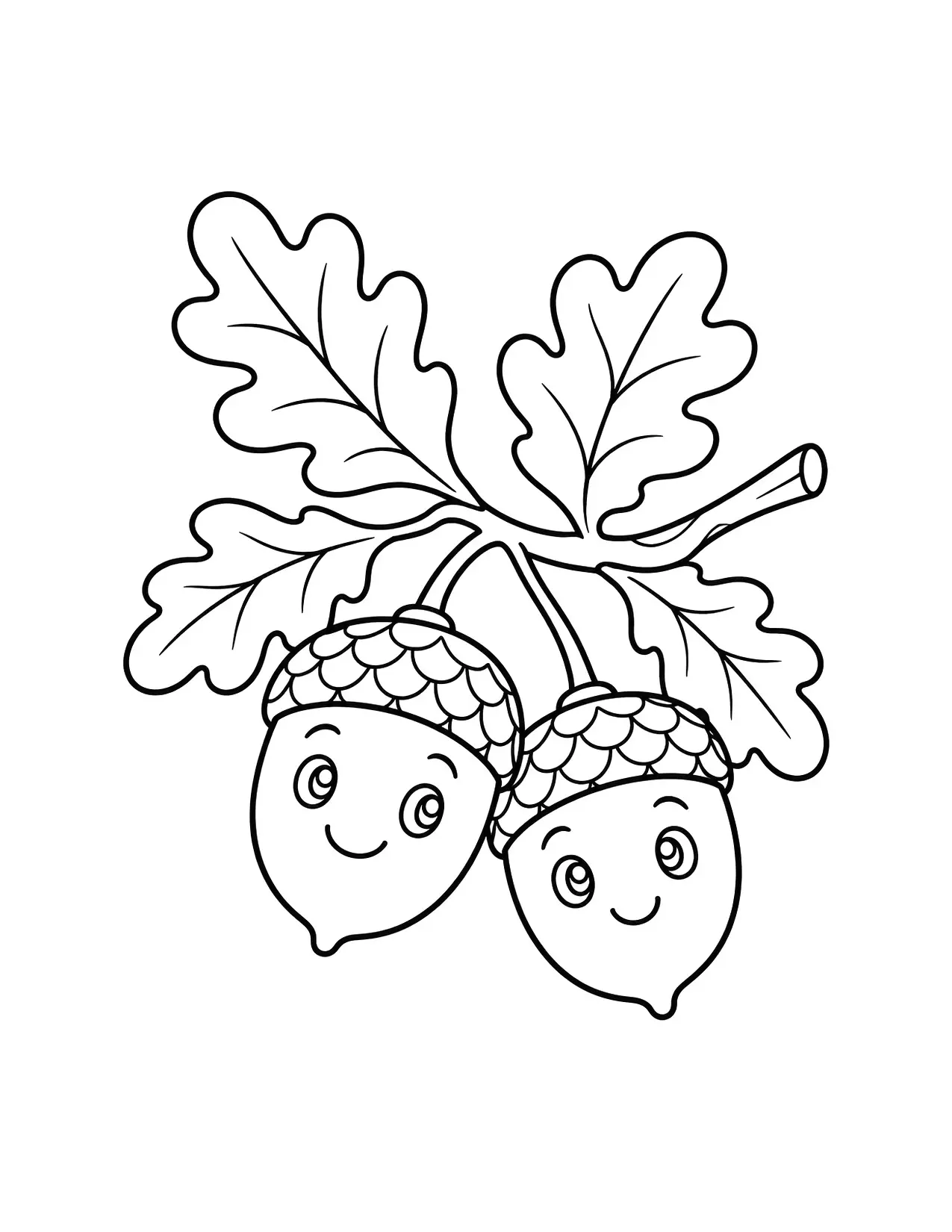 Fall coloring page of two cute acorns on an oak branch