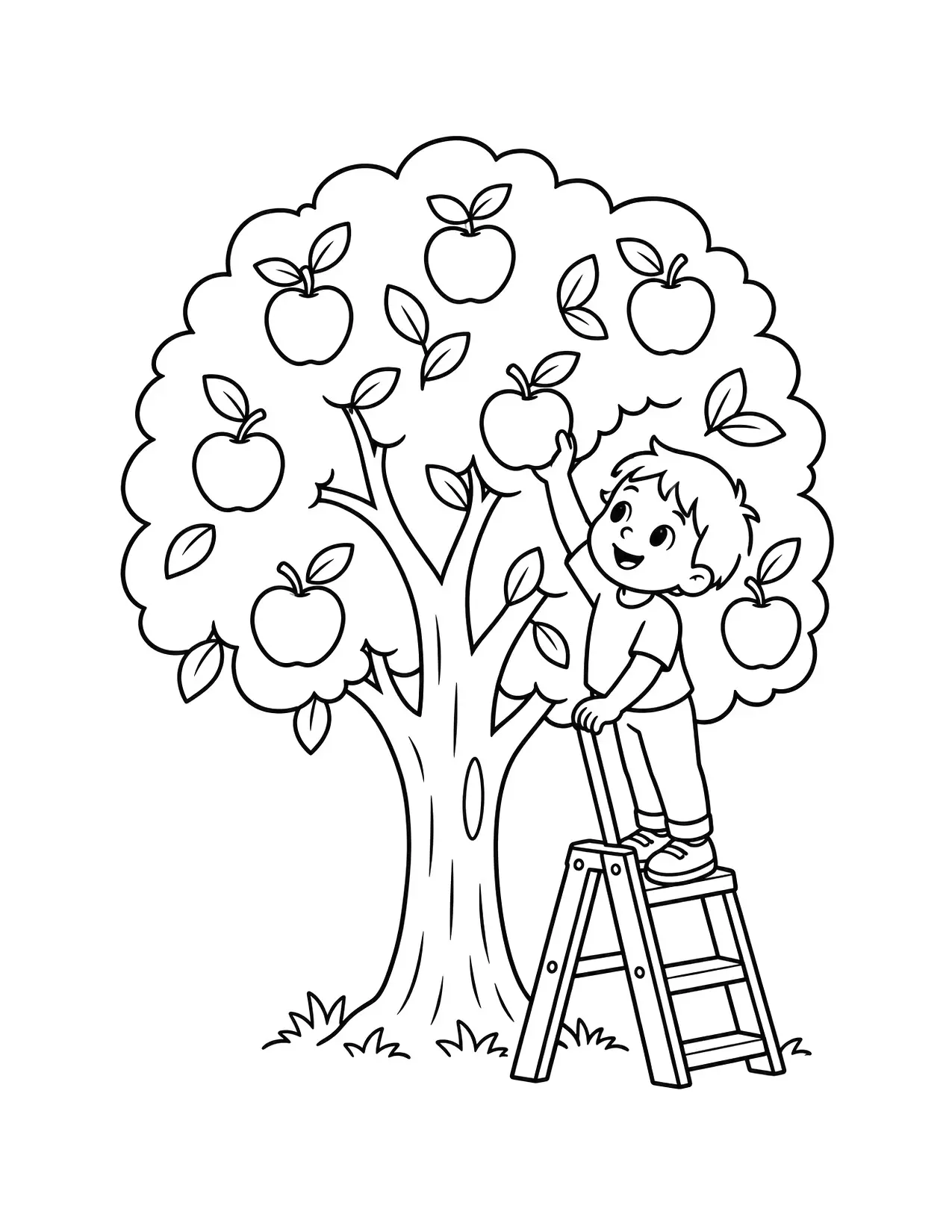 Fall coloring page of a child on a ladder picking apples from a tree