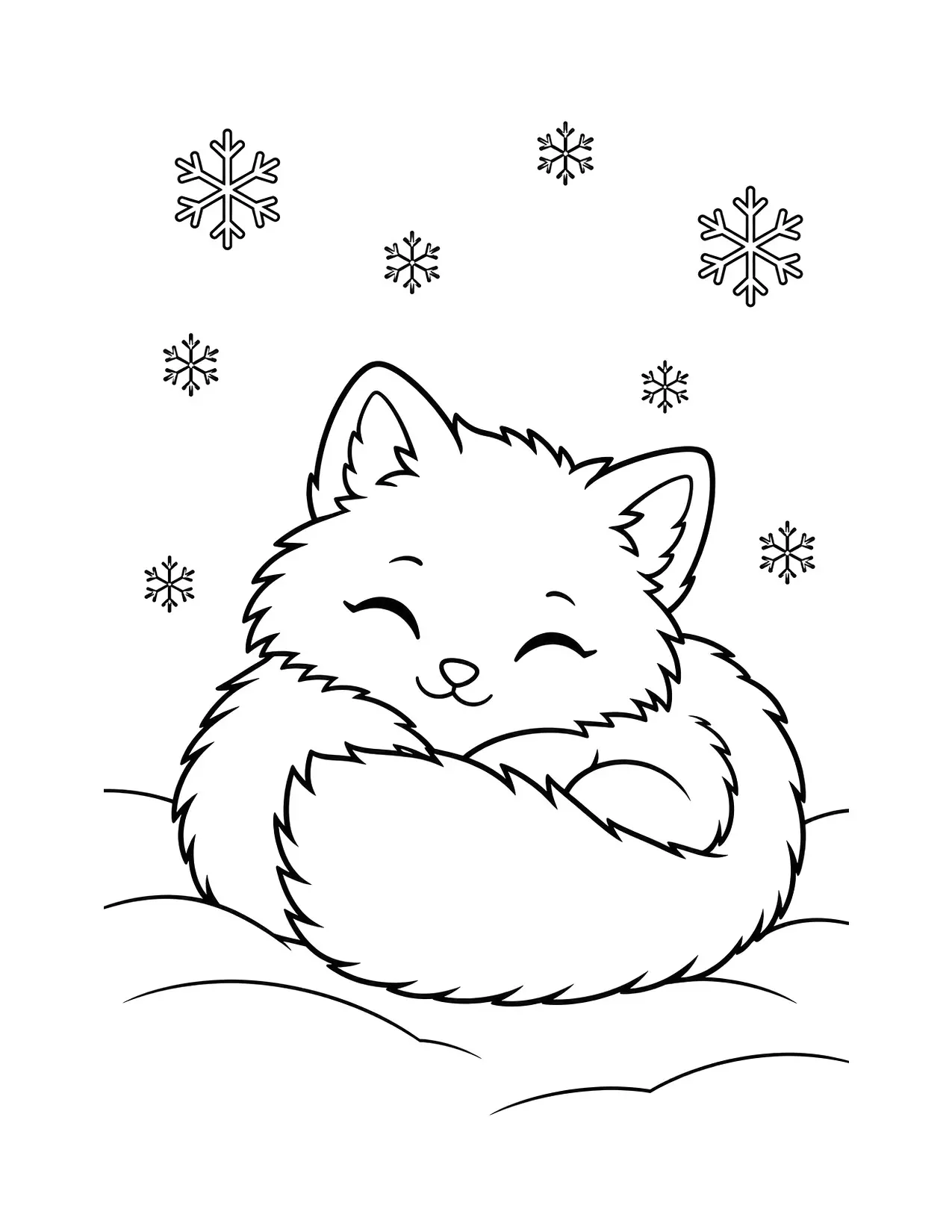 Winter coloring page of a cute arctic fox curled up in the snow