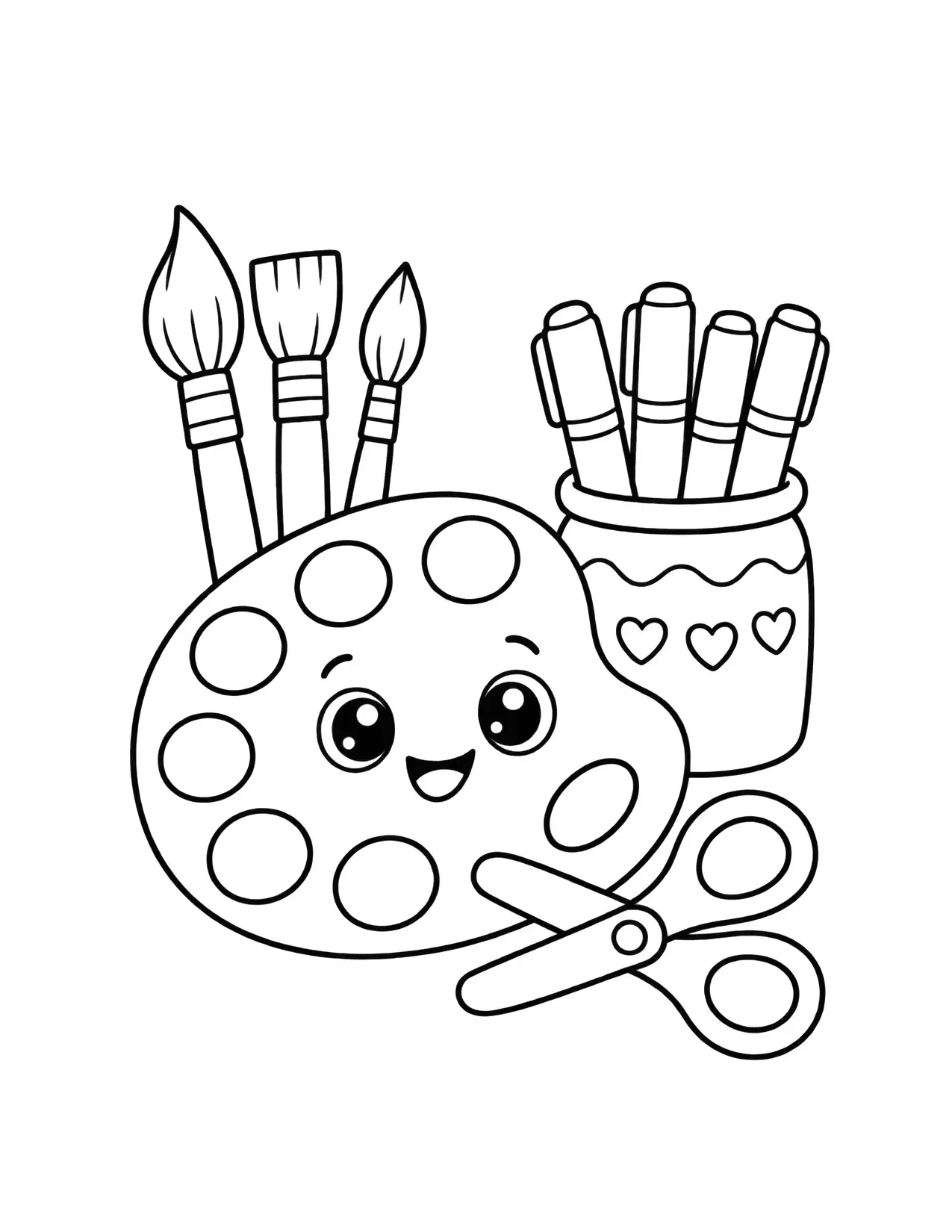 Back to school coloring page of a paint palette, paintbrushes, scissors and a jar of markers