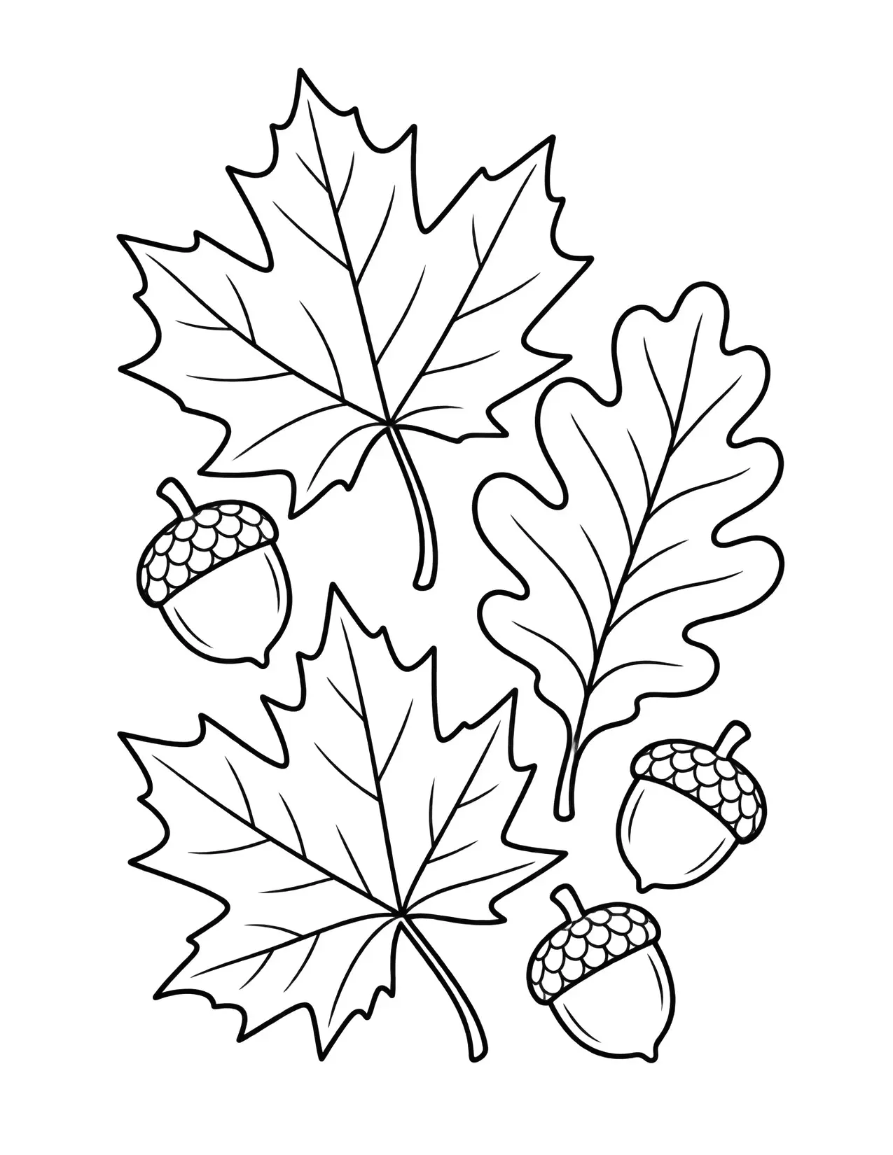 Fall coloring page of maple and oak leaves with acorns