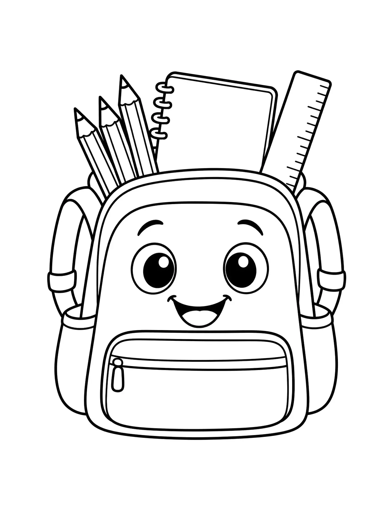 Back to school coloring page of a smiling backpack full of pencils, a ruler and a notebook