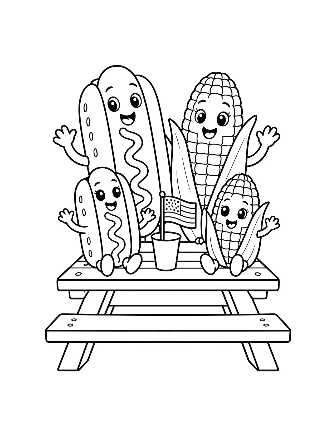 4th of July coloring page of hot dogs and corn on the cob on a picnic table with a flag in a cup