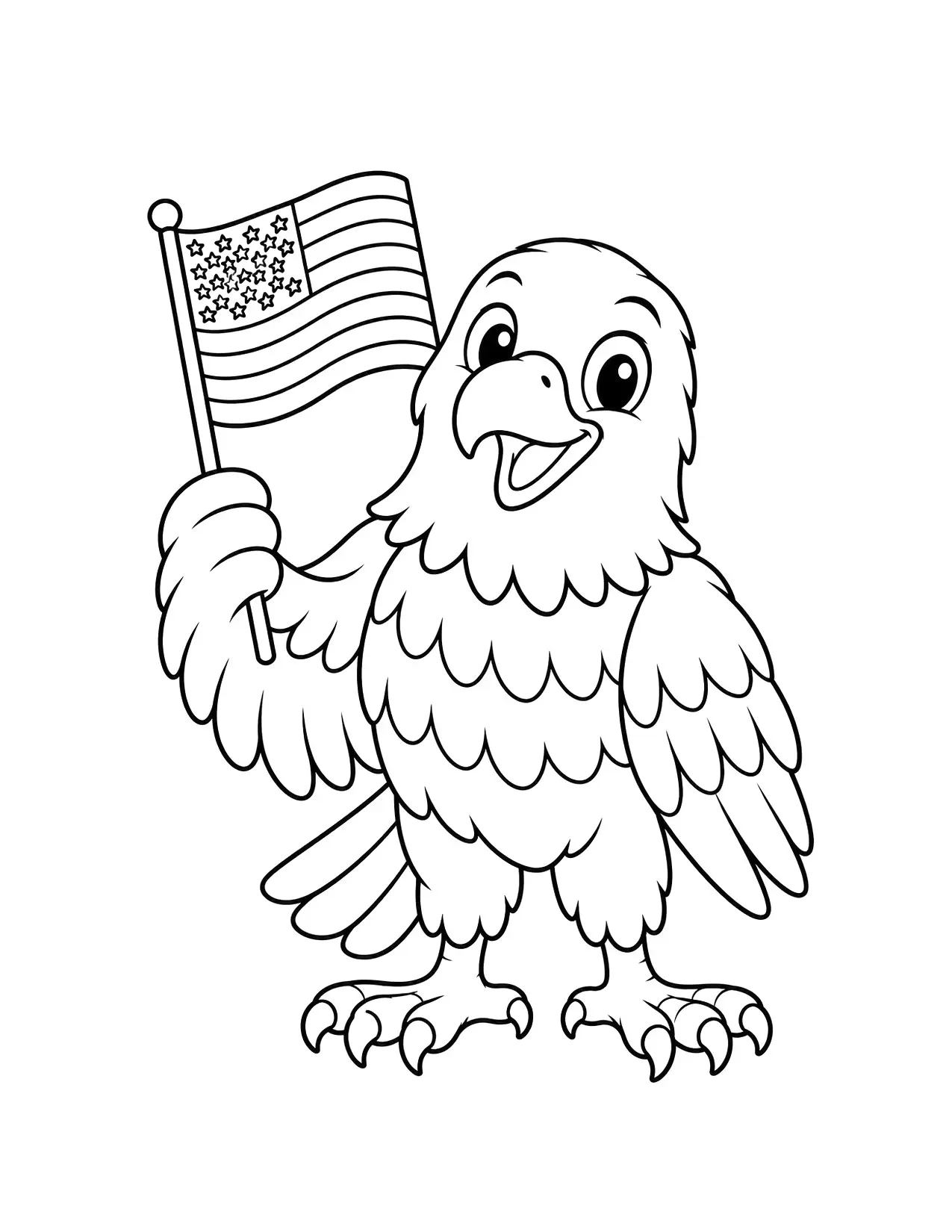 4th of July coloring page of a friendly bald eagle holding a small American flag