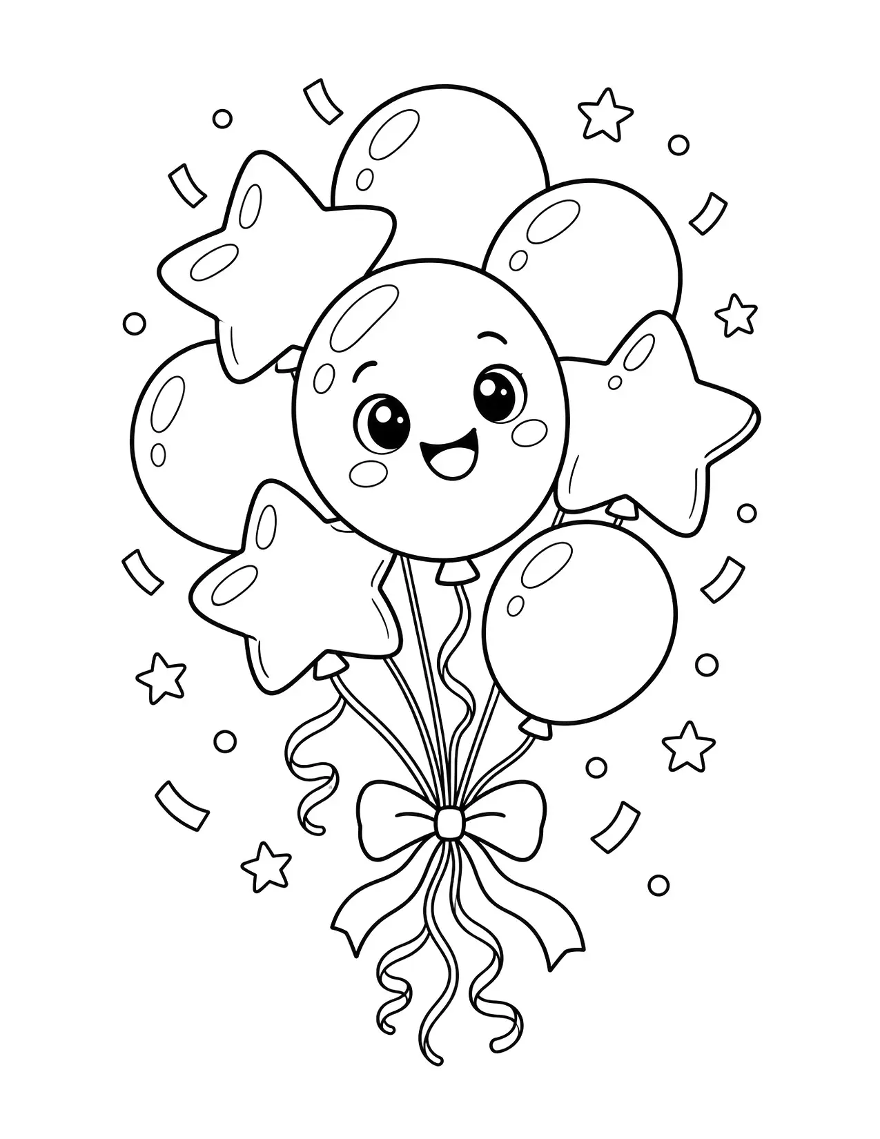 New Year coloring page of a bunch of round and star-shaped balloons with confetti