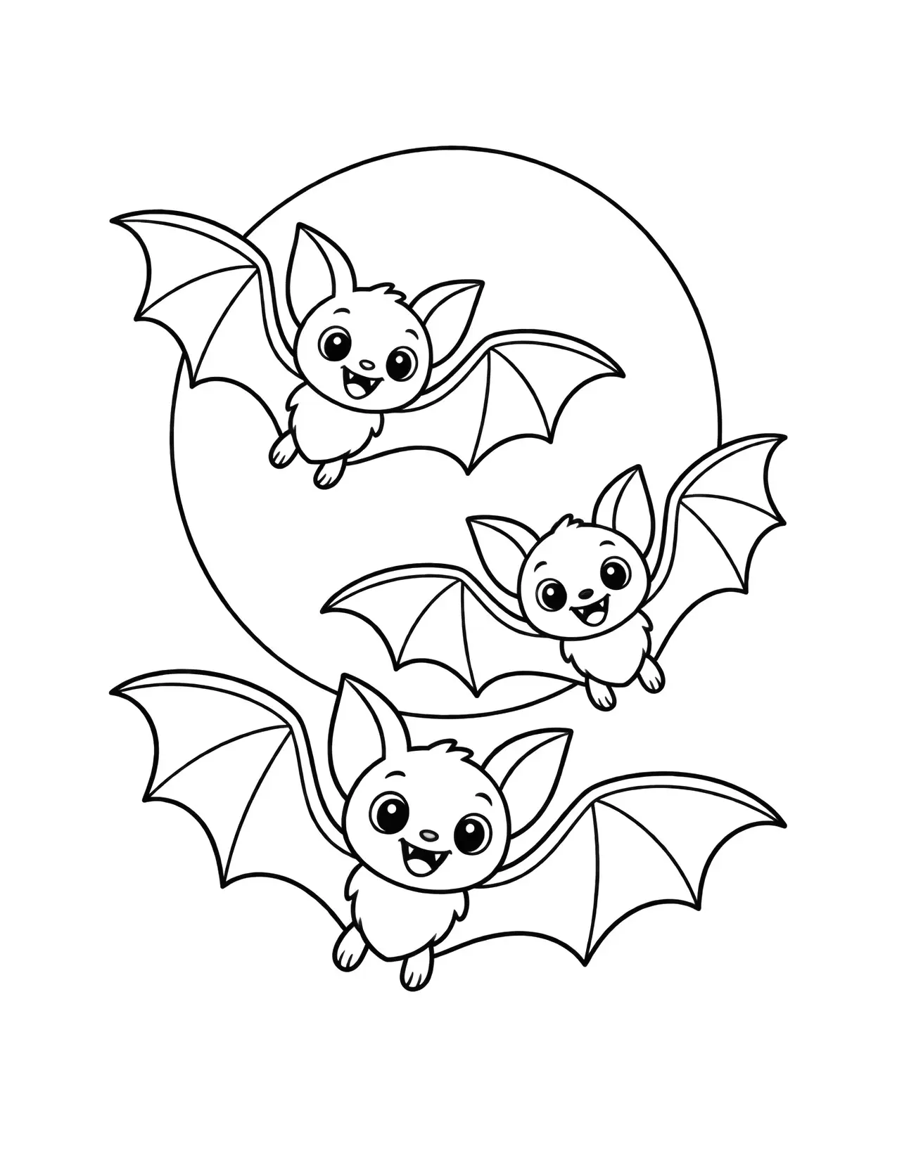 Halloween coloring page of smiling bats flying past a full moon