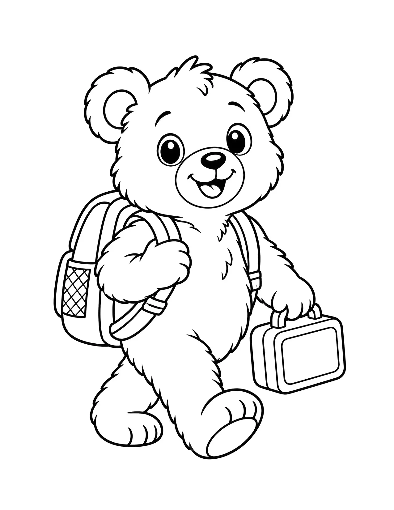 Back to school coloring page of a teddy bear with a backpack and a lunchbox walking to school