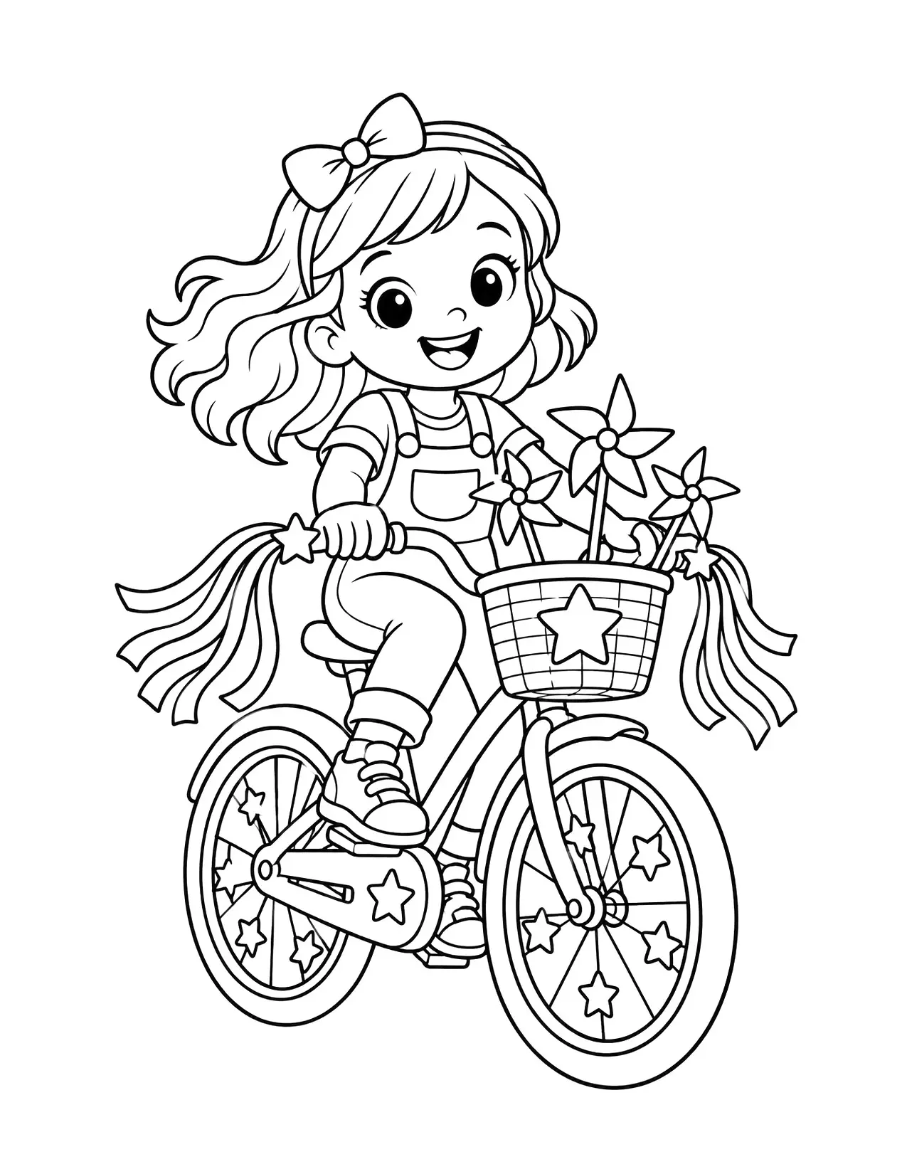 4th of July coloring page of a kid riding a bike decorated with streamers and pinwheels