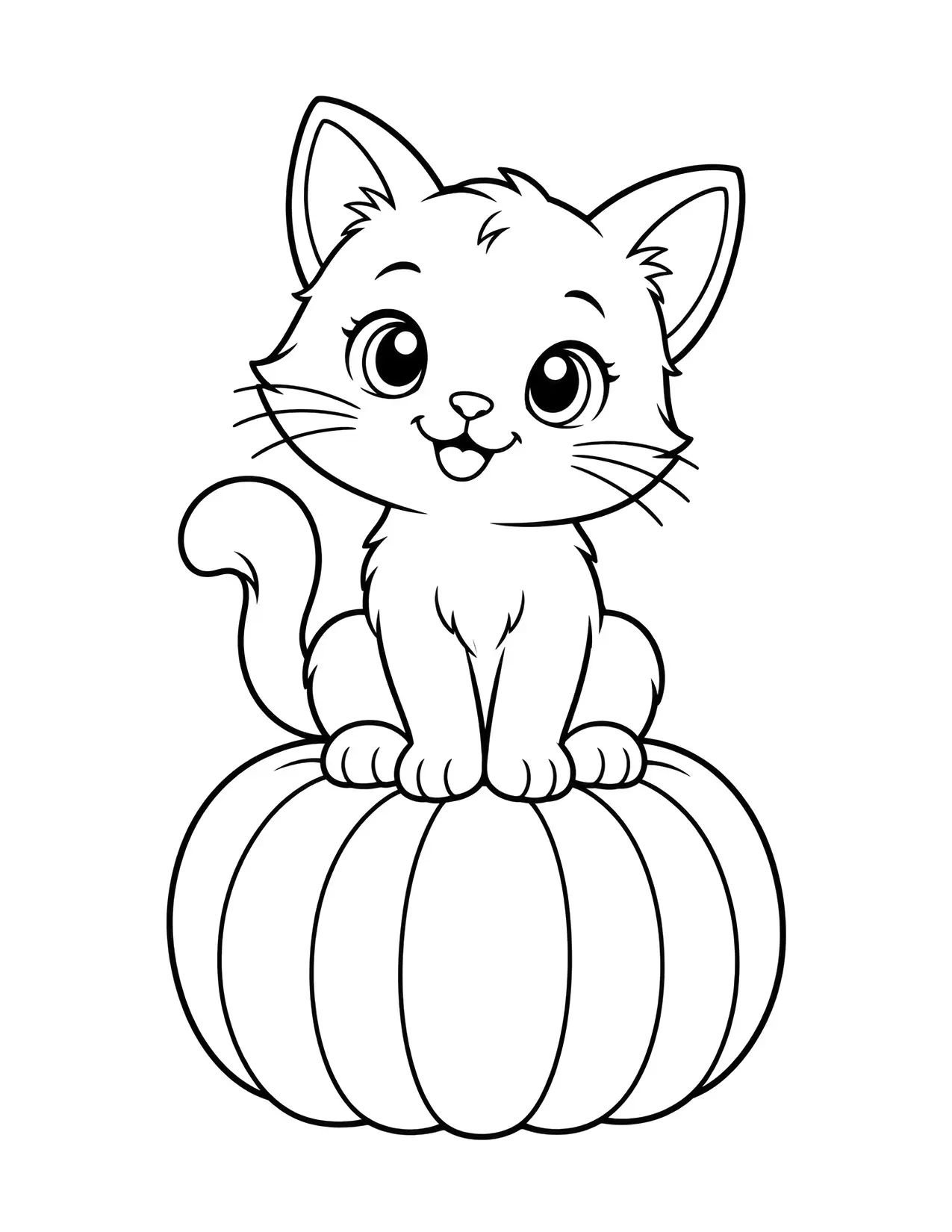 Halloween coloring page of a cute black cat sitting on a pumpkin