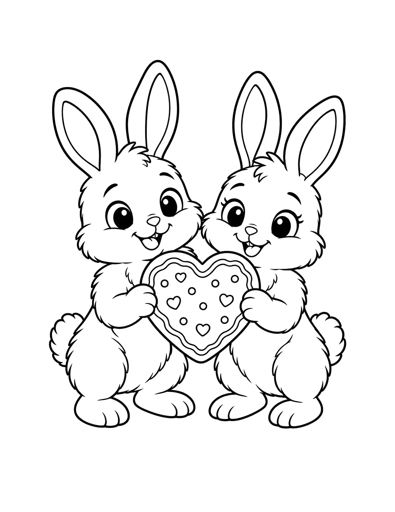 Valentine's Day coloring page of two bunnies sharing a big heart-shaped cookie
