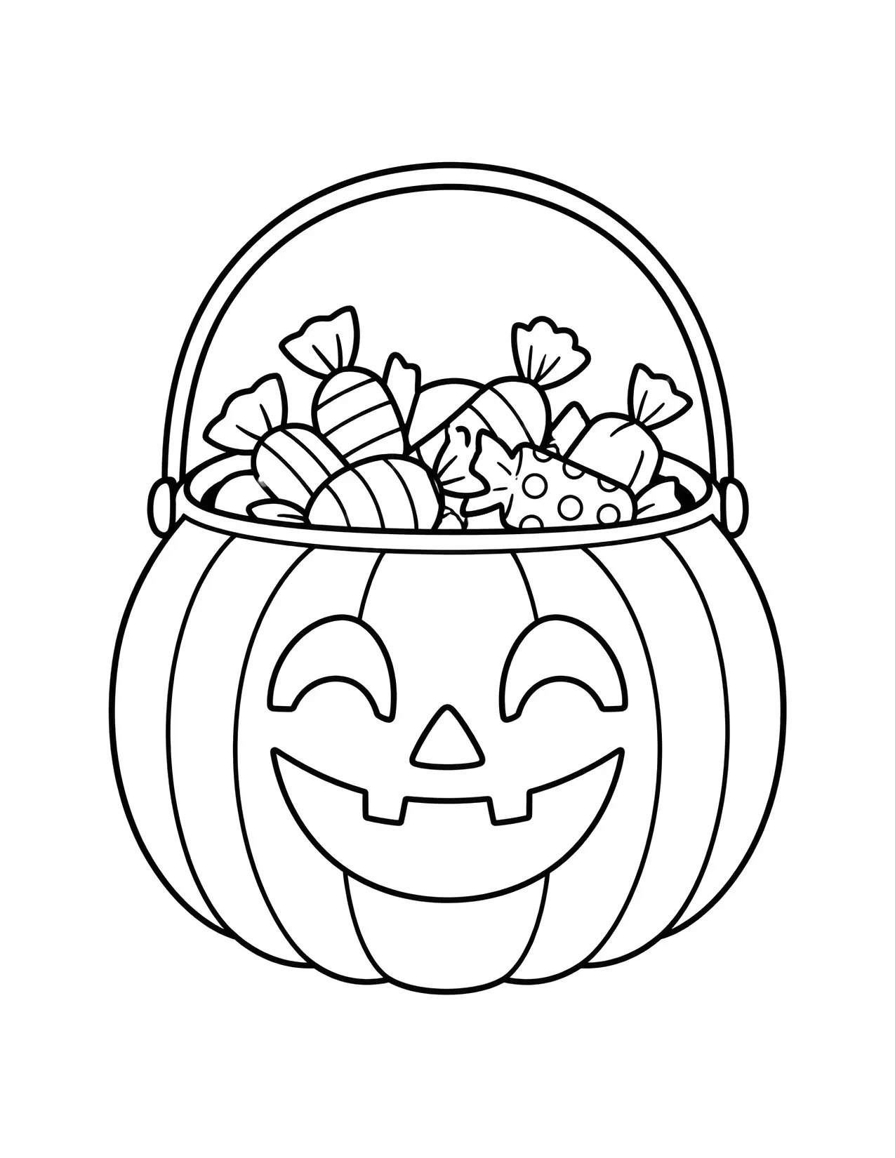 Halloween coloring page of a pumpkin bucket full of candy