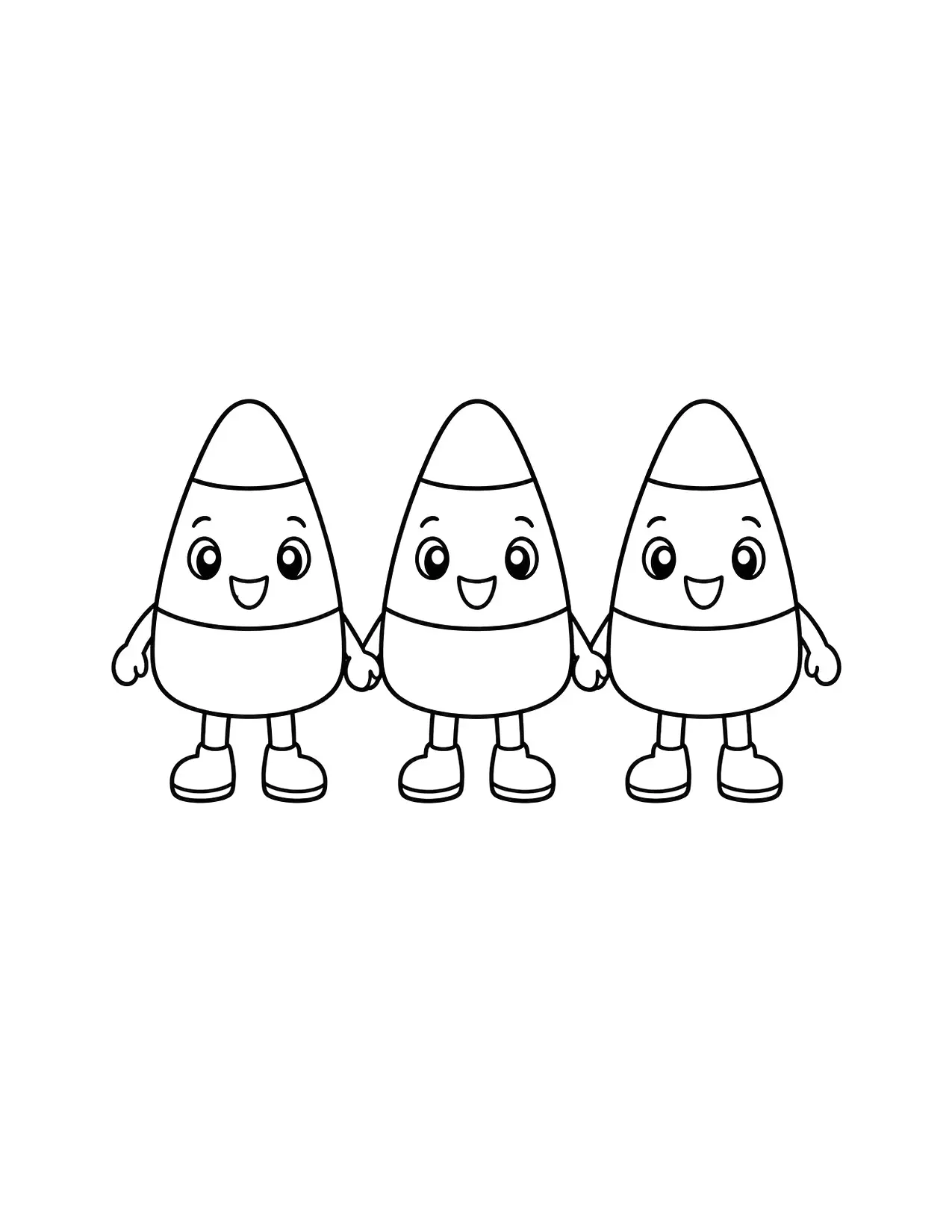 Halloween coloring page of three smiling pieces of candy corn holding hands