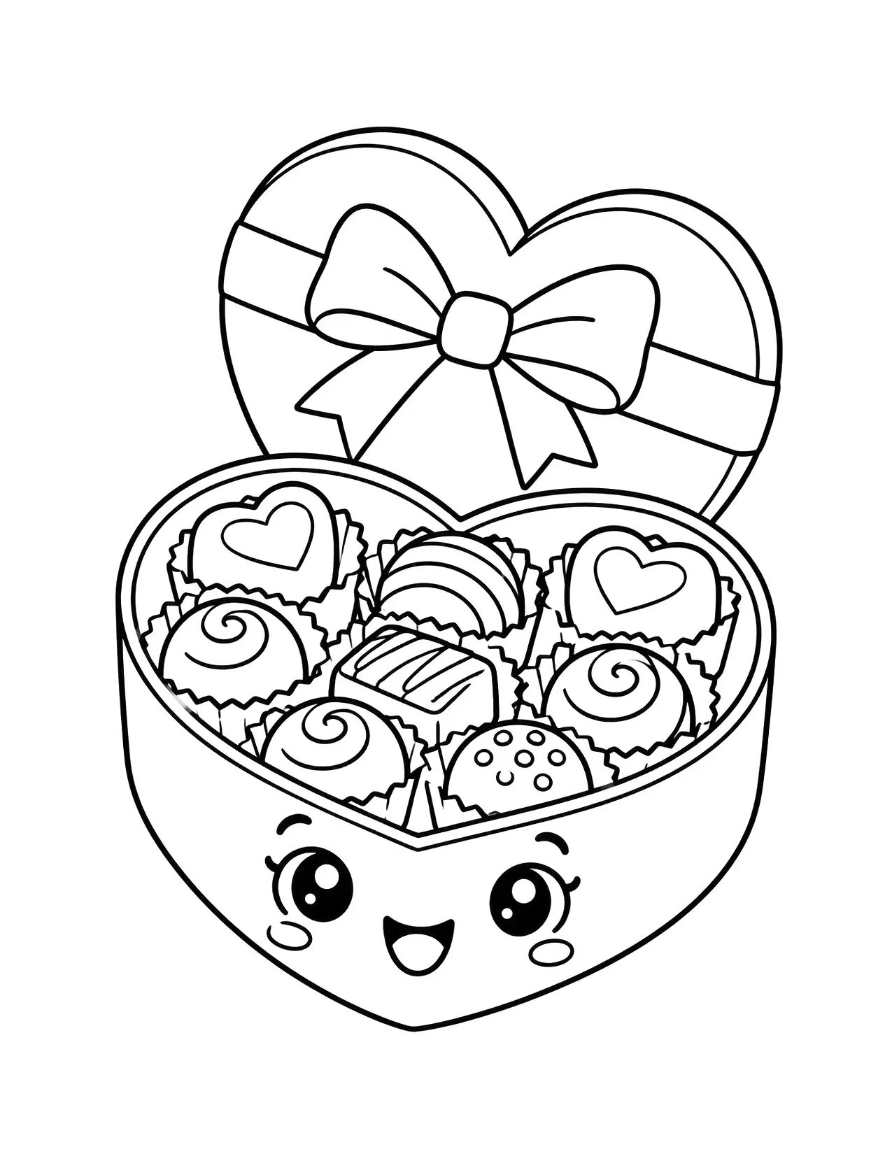 Valentine's Day coloring page of an open heart-shaped box of chocolates with a ribbon bow