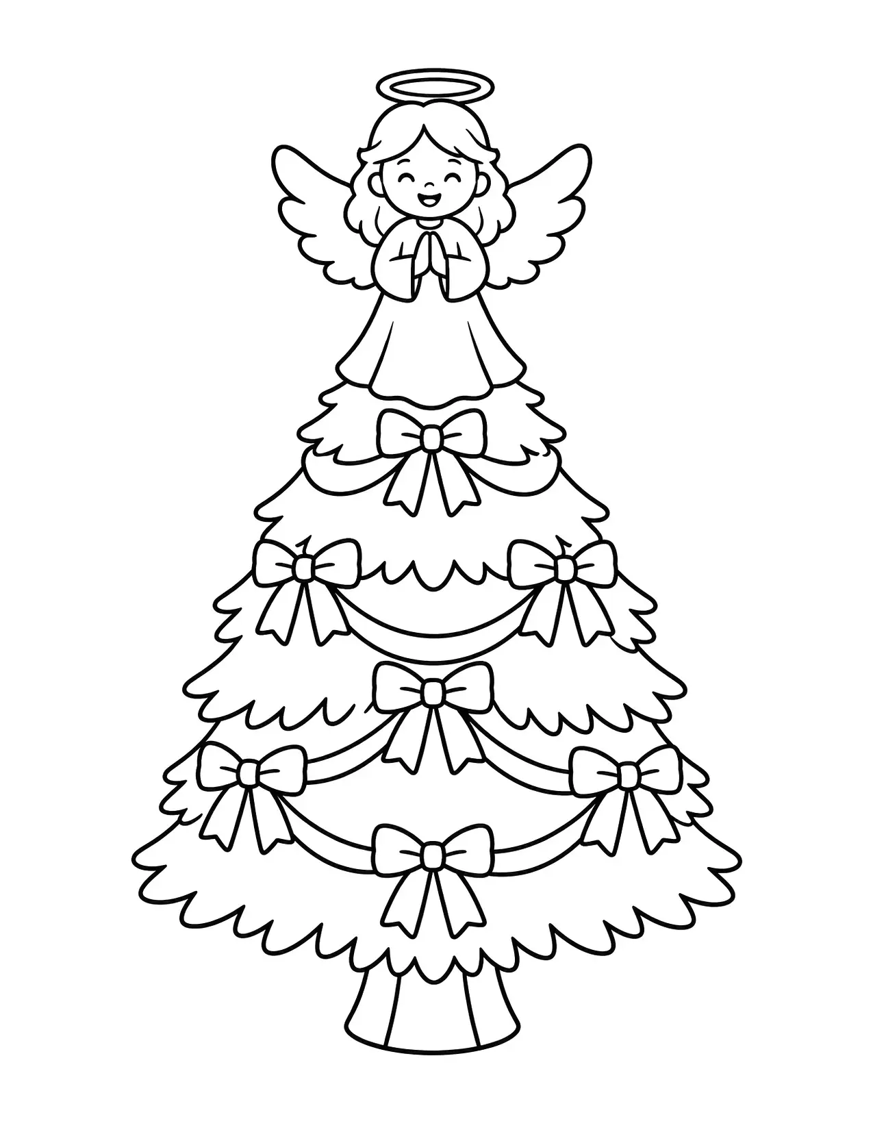 Christmas tree coloring page with a smiling angel on top and bows on the branches
