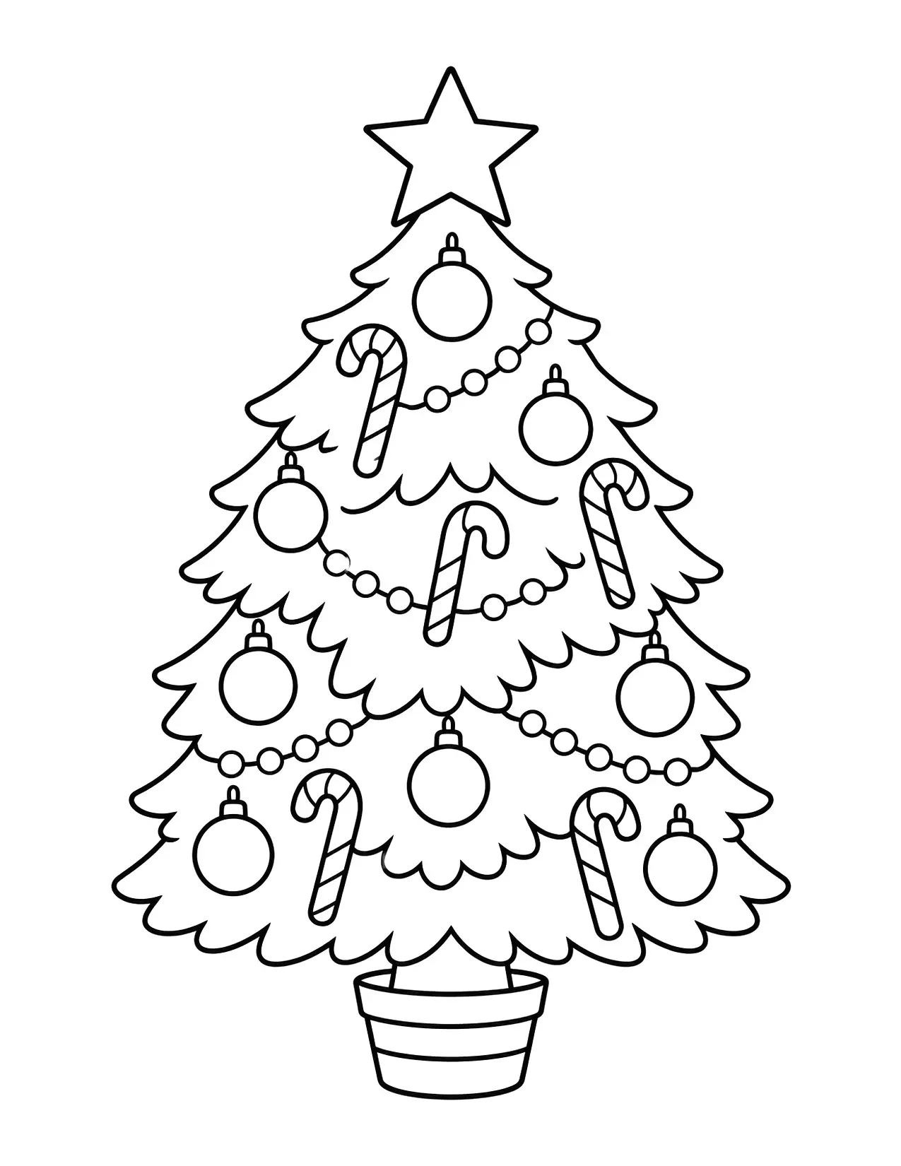 Christmas tree coloring page with candy canes, ornaments and a big star