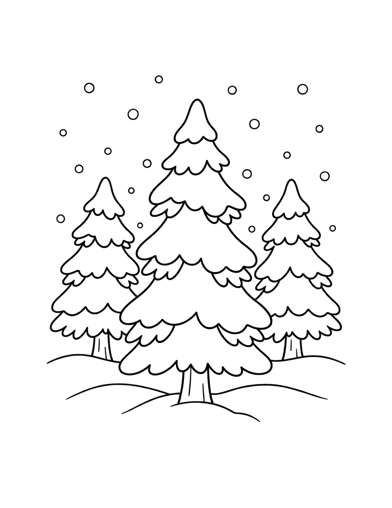 Christmas tree coloring page with three snowy pine trees in a winter forest