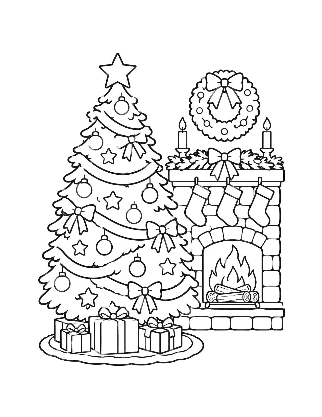 Christmas tree coloring page with garlands in a cozy living room