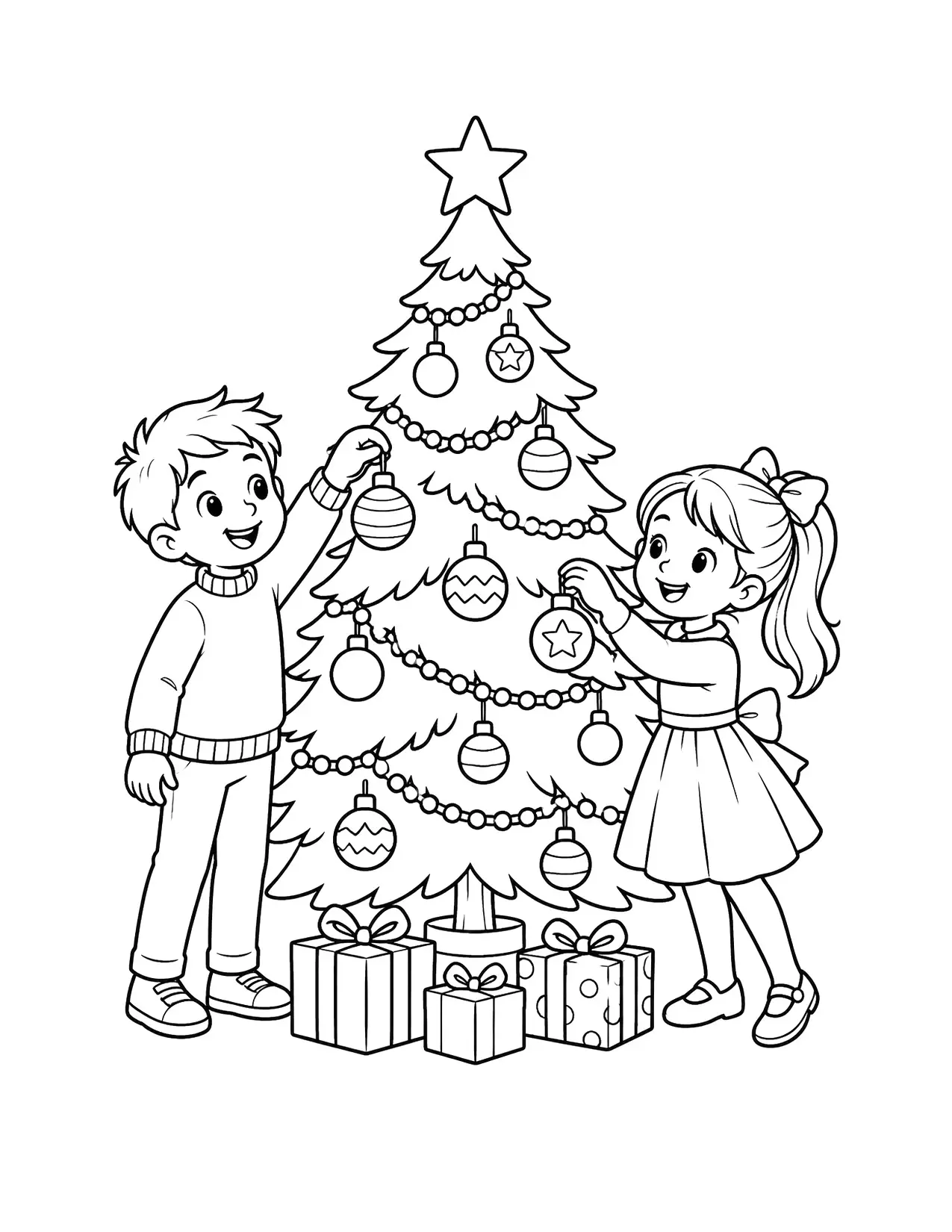 Christmas tree coloring page with two children hanging ornaments