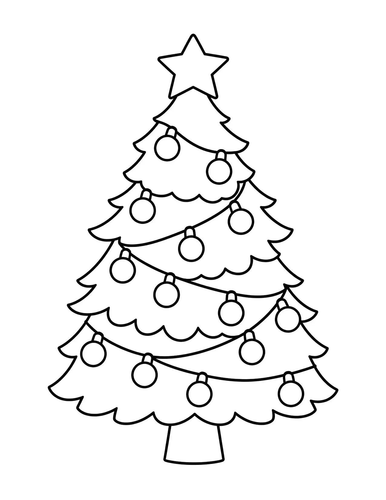 Christmas tree coloring page with round ornaments hanging from garlands and a star