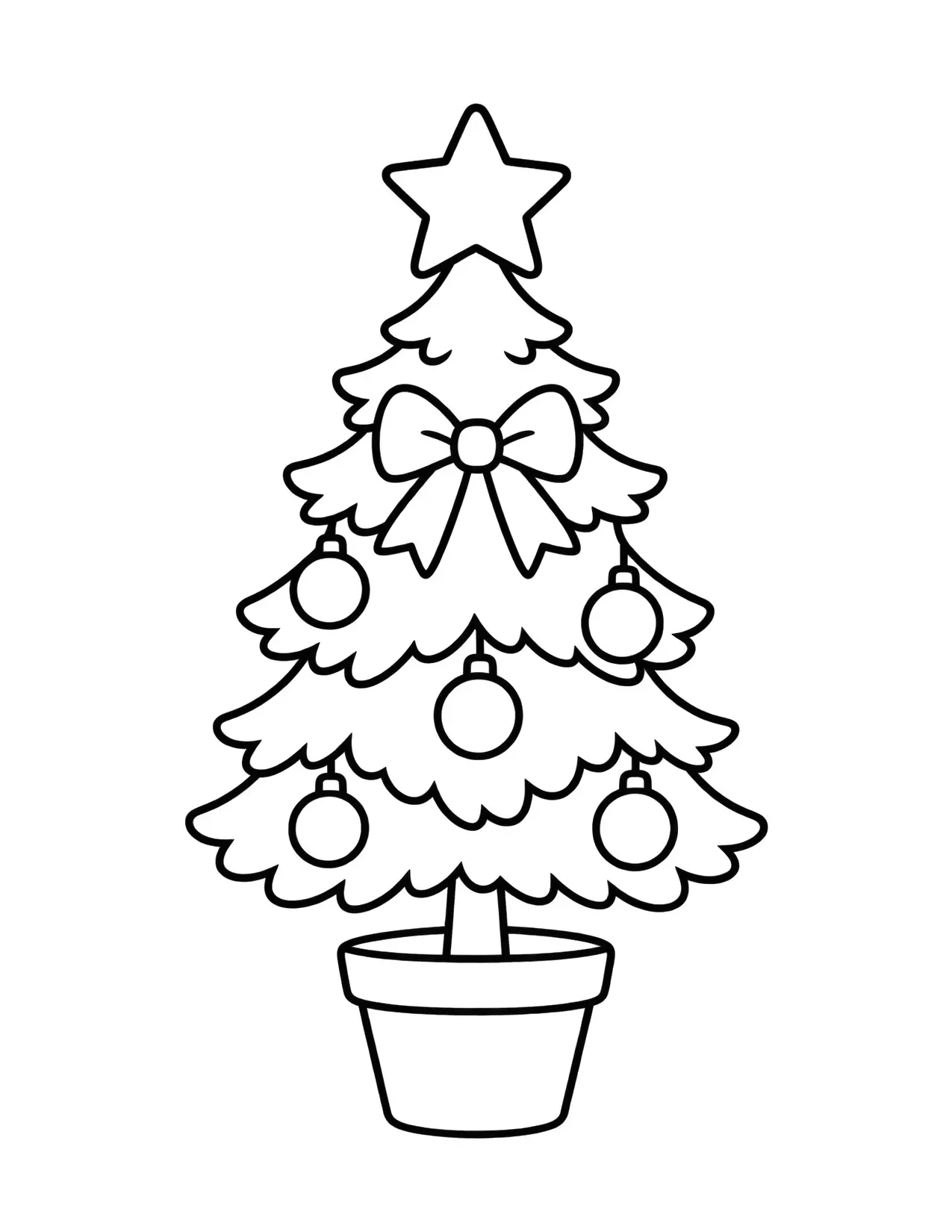 Christmas tree coloring page with a small tree in a flower pot with a star and a bow