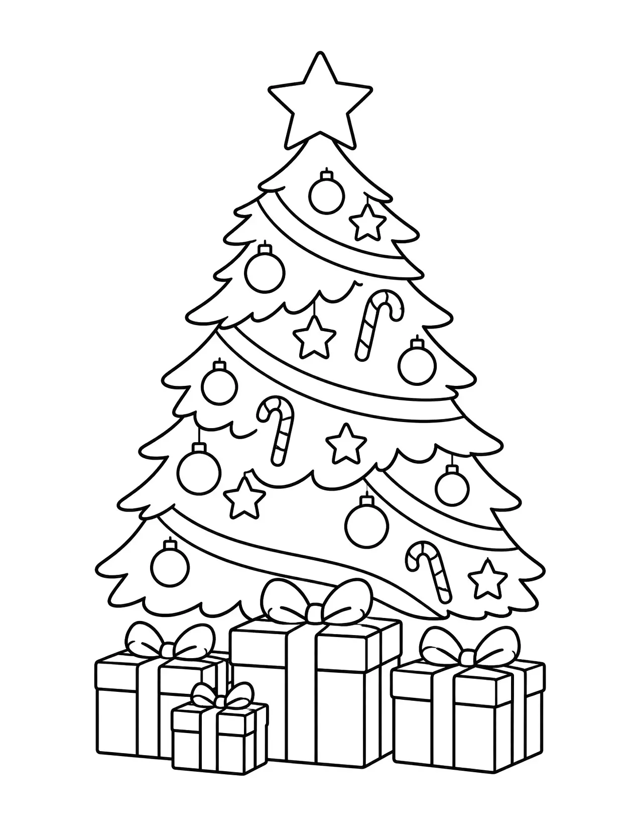 Christmas tree coloring page with a star on top and presents underneath