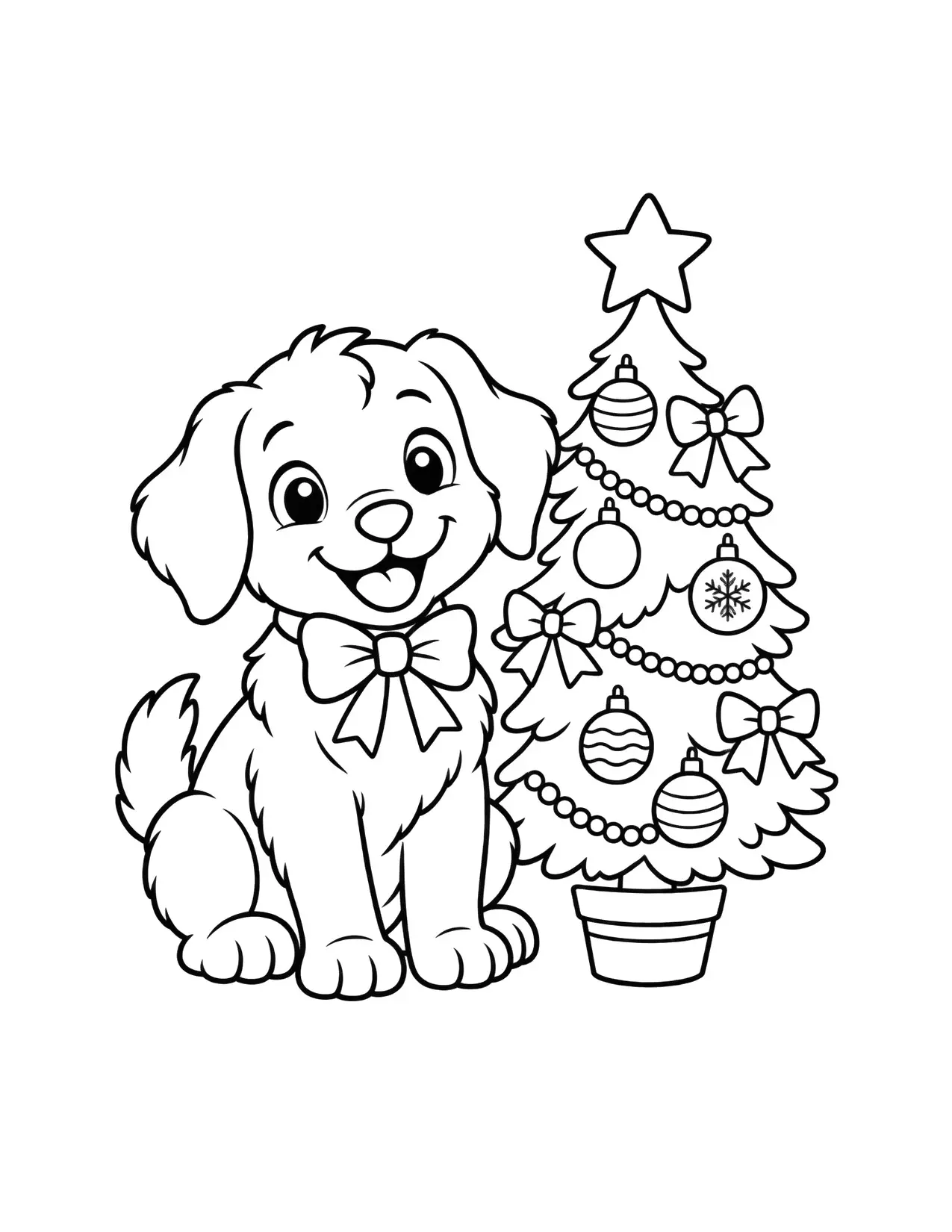 Christmas tree coloring page with a happy puppy sitting next to a small tree