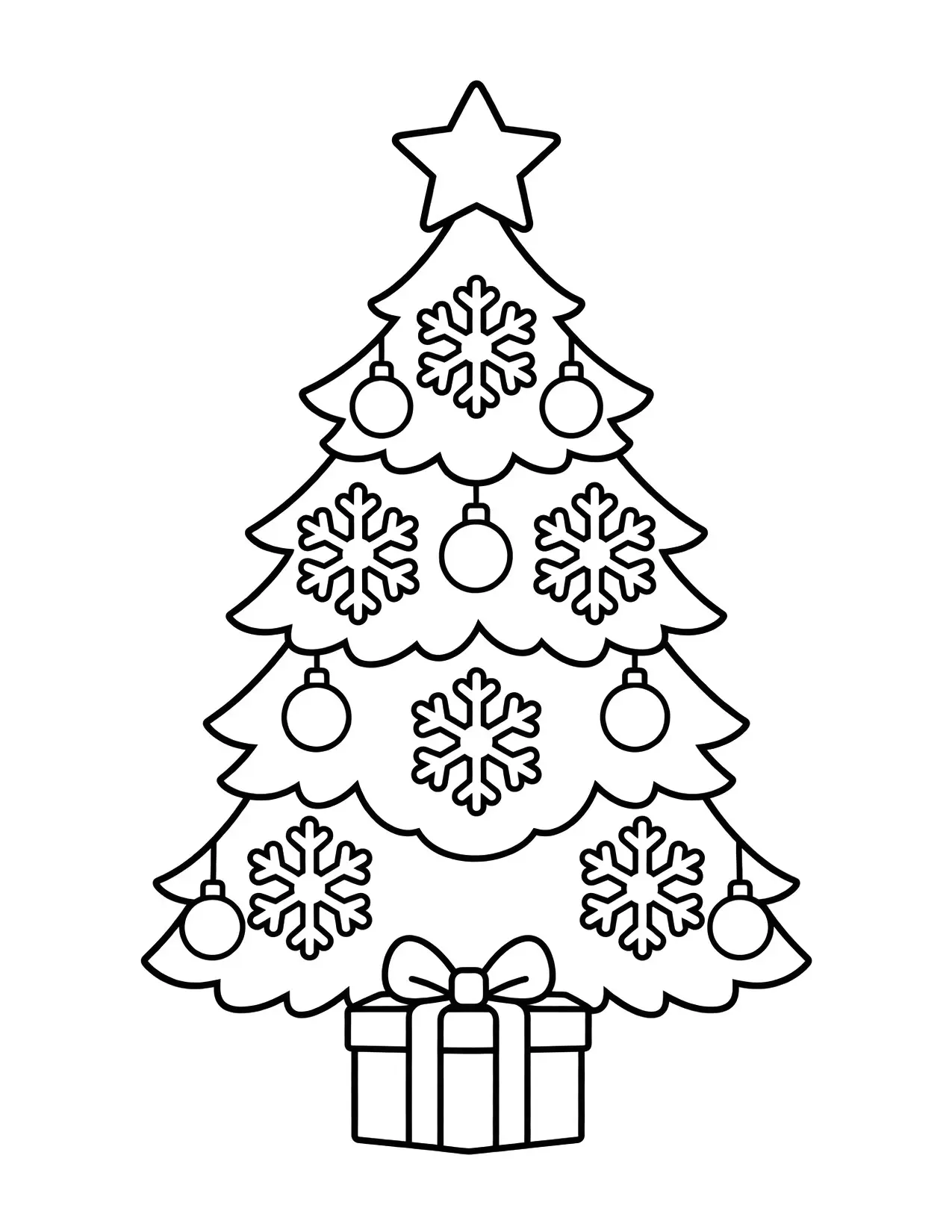 Christmas tree coloring page with snowflake ornaments and a present underneath