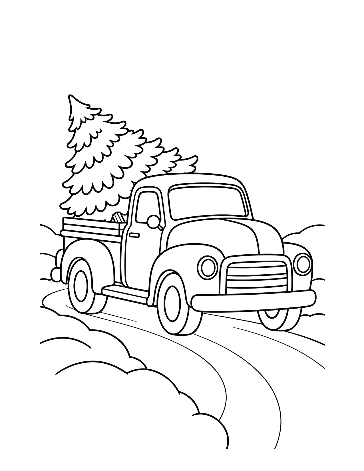 Christmas tree coloring page with a pickup truck carrying a tree on a snowy road
