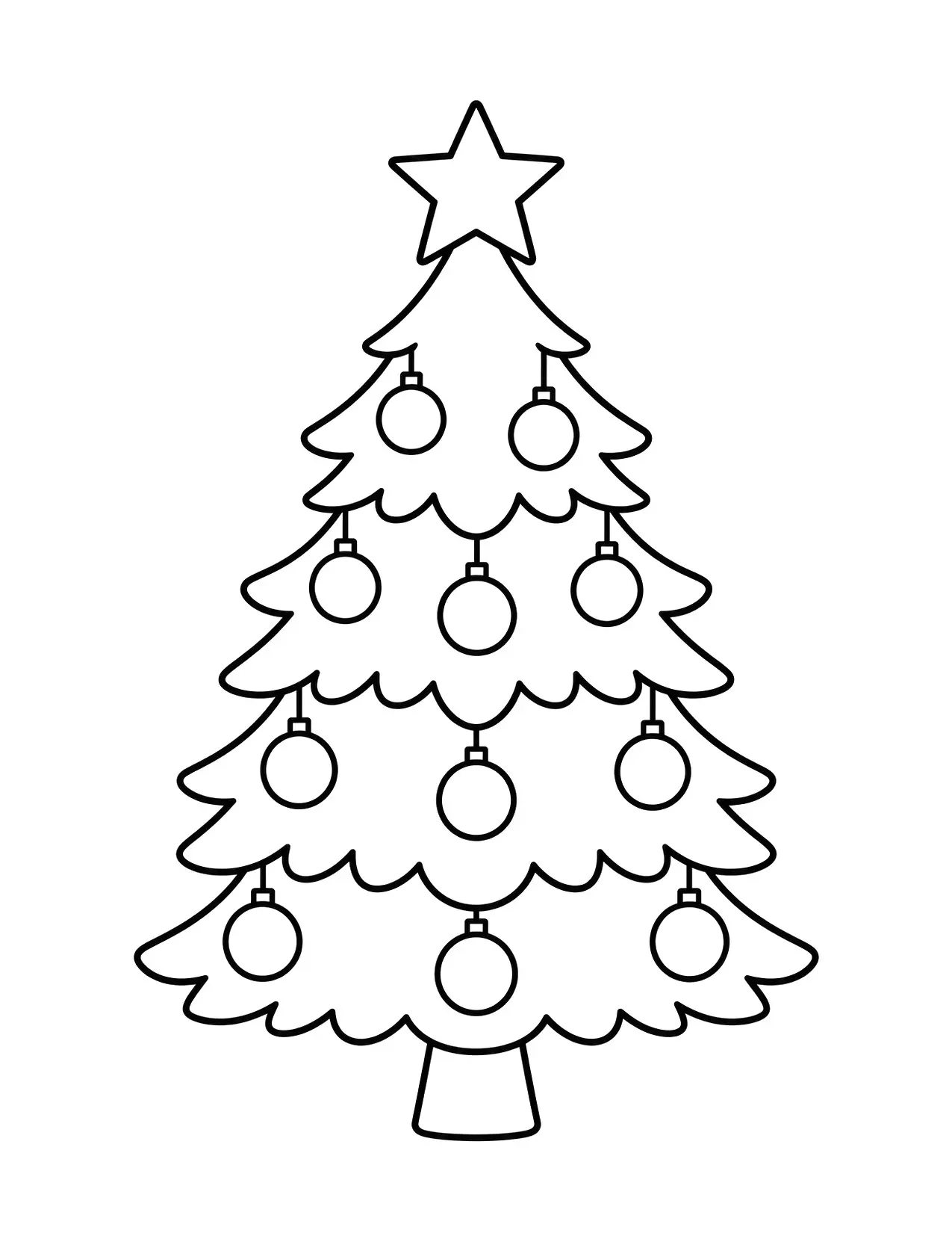 Christmas tree coloring page with ornaments and a star