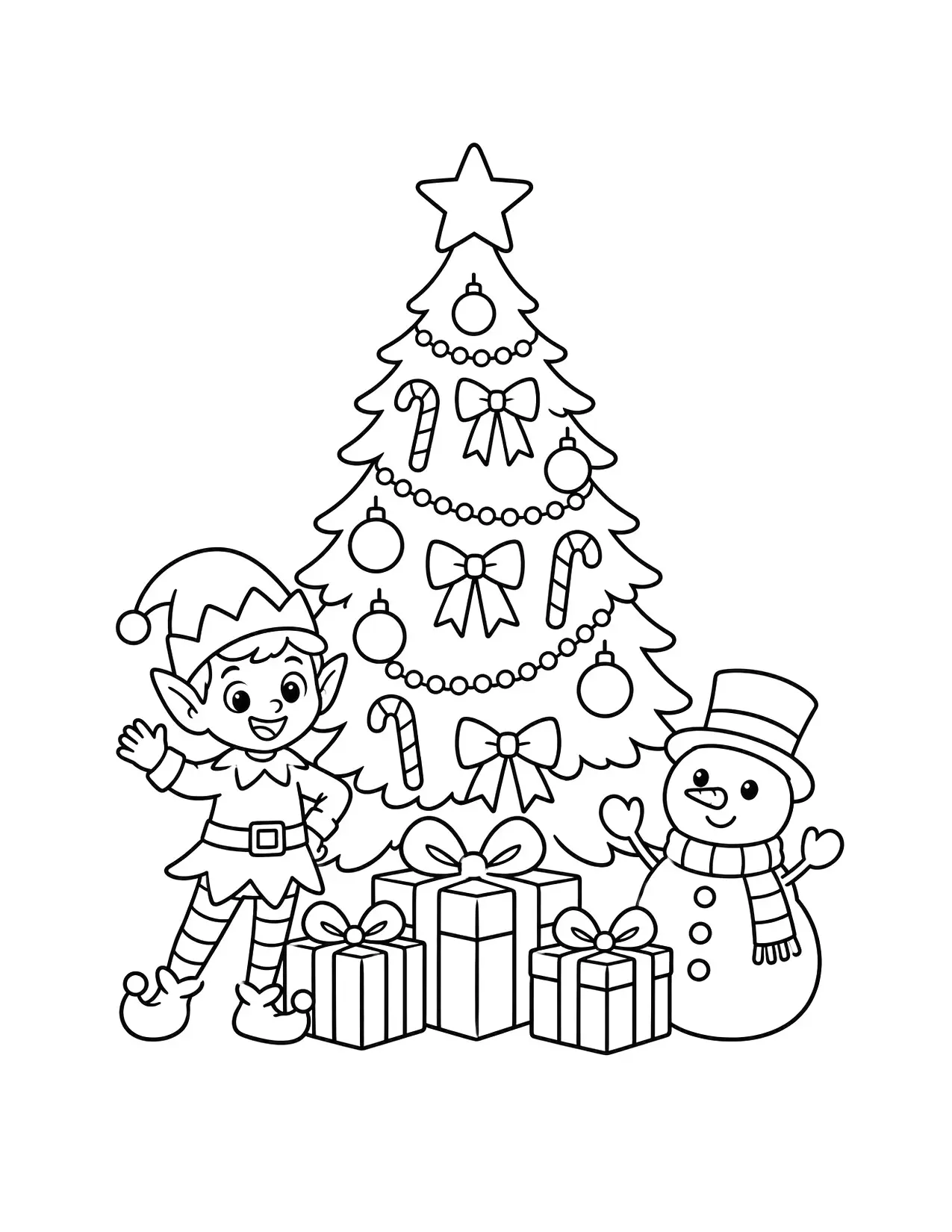 Christmas coloring page with a decorated tree, presents, an elf and a snowman