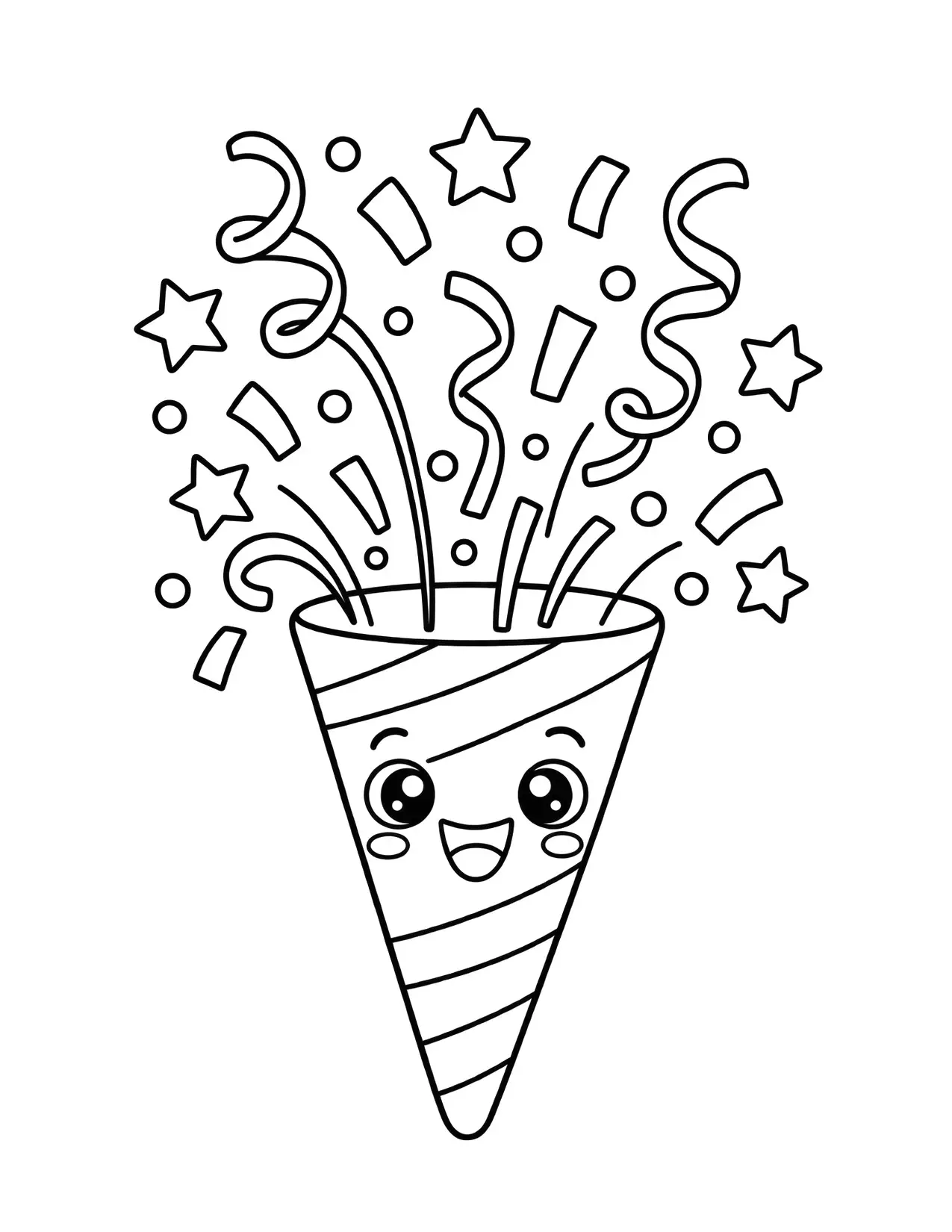 New Year coloring page of a party popper bursting with confetti and streamers