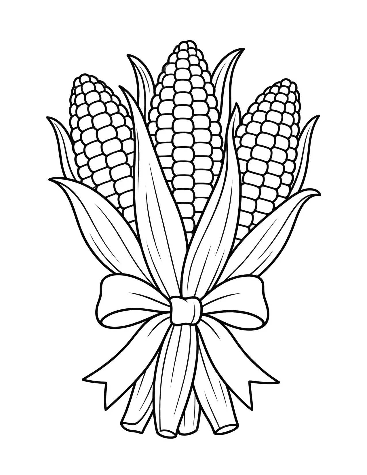 Thanksgiving coloring page of three ears of corn tied with a ribbon