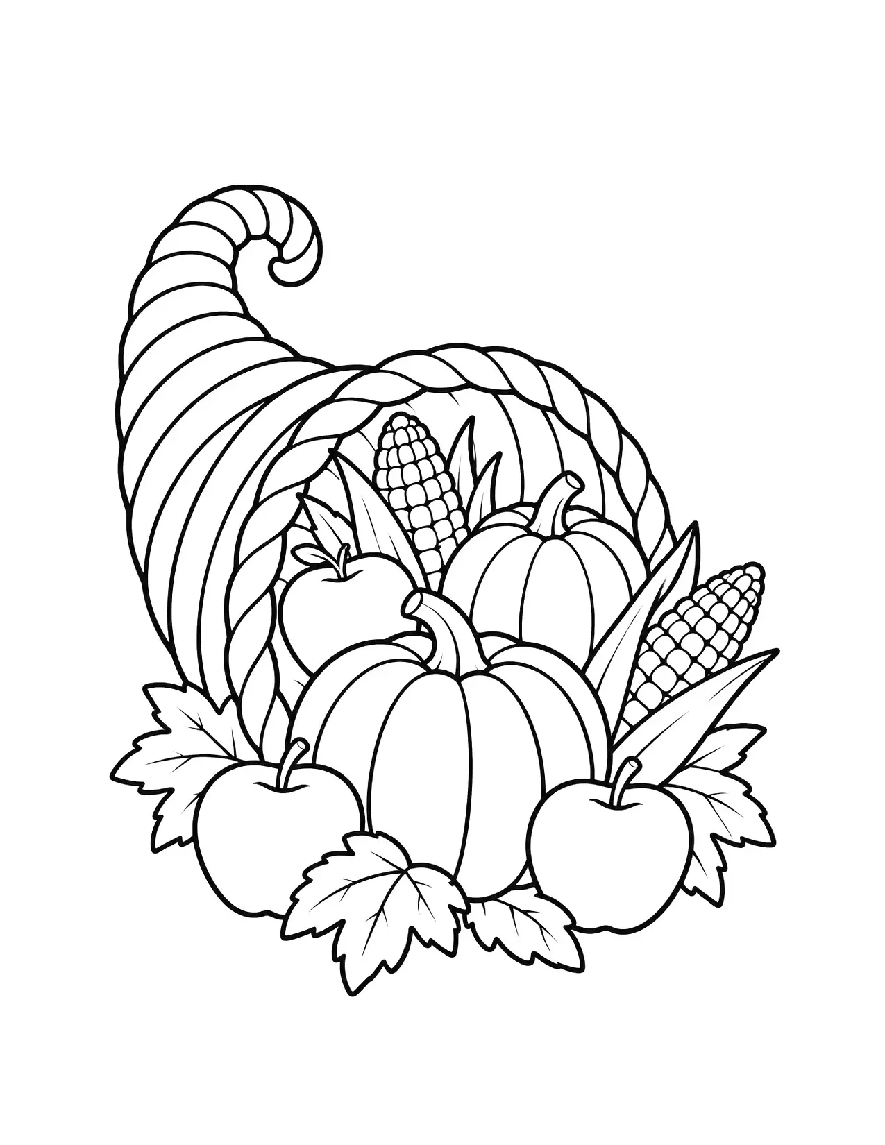 Thanksgiving coloring page of a cornucopia full of pumpkins, apples and corn