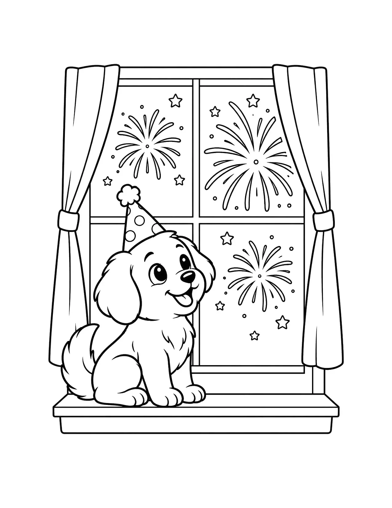 New Year coloring page of a puppy in a party hat watching fireworks from a window