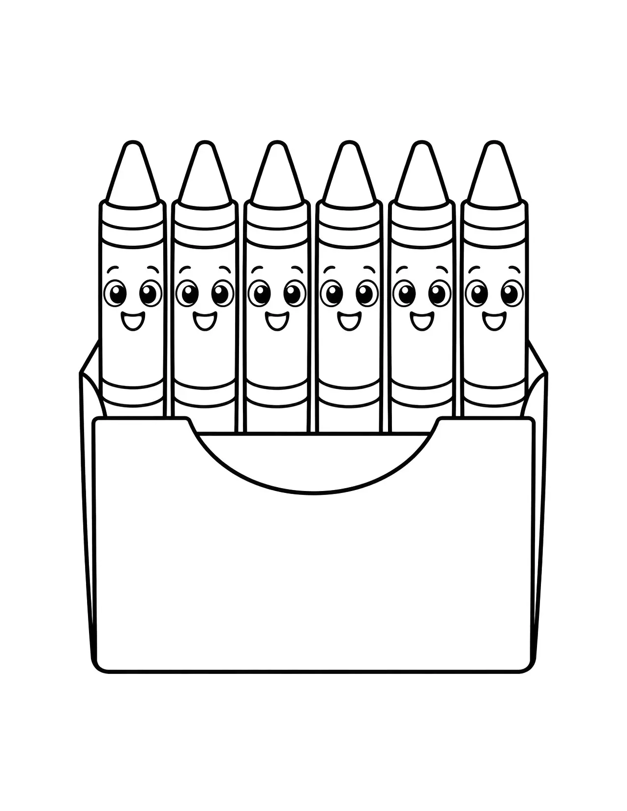 Back to school coloring page of a box of smiling crayons standing in a row