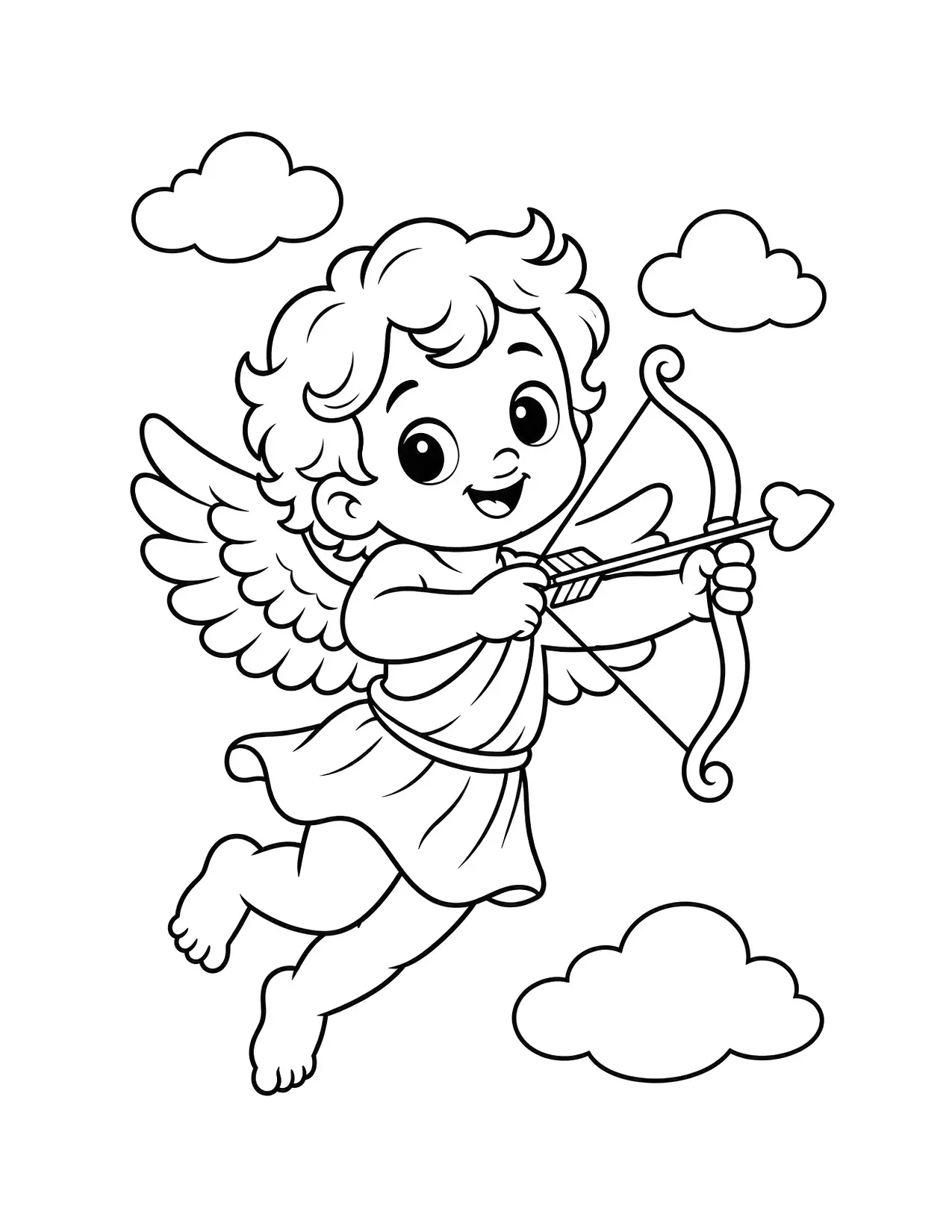 Valentine's Day coloring page of a little cupid with wings holding a bow and a heart-tipped arrow