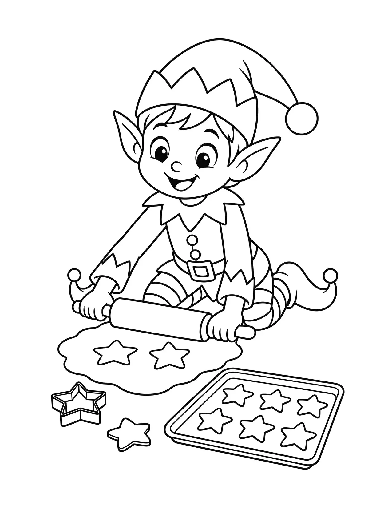 Elf coloring page with an elf rolling out dough next to a tray of star cookies