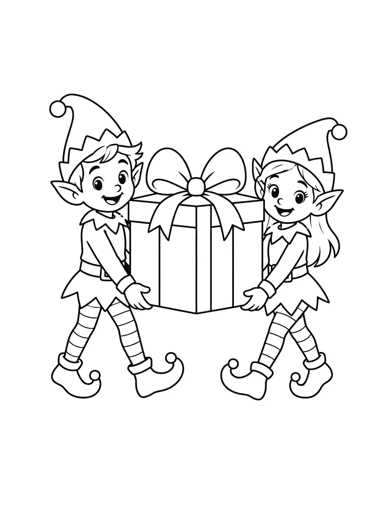 Elf coloring page with two elves carrying a big wrapped present