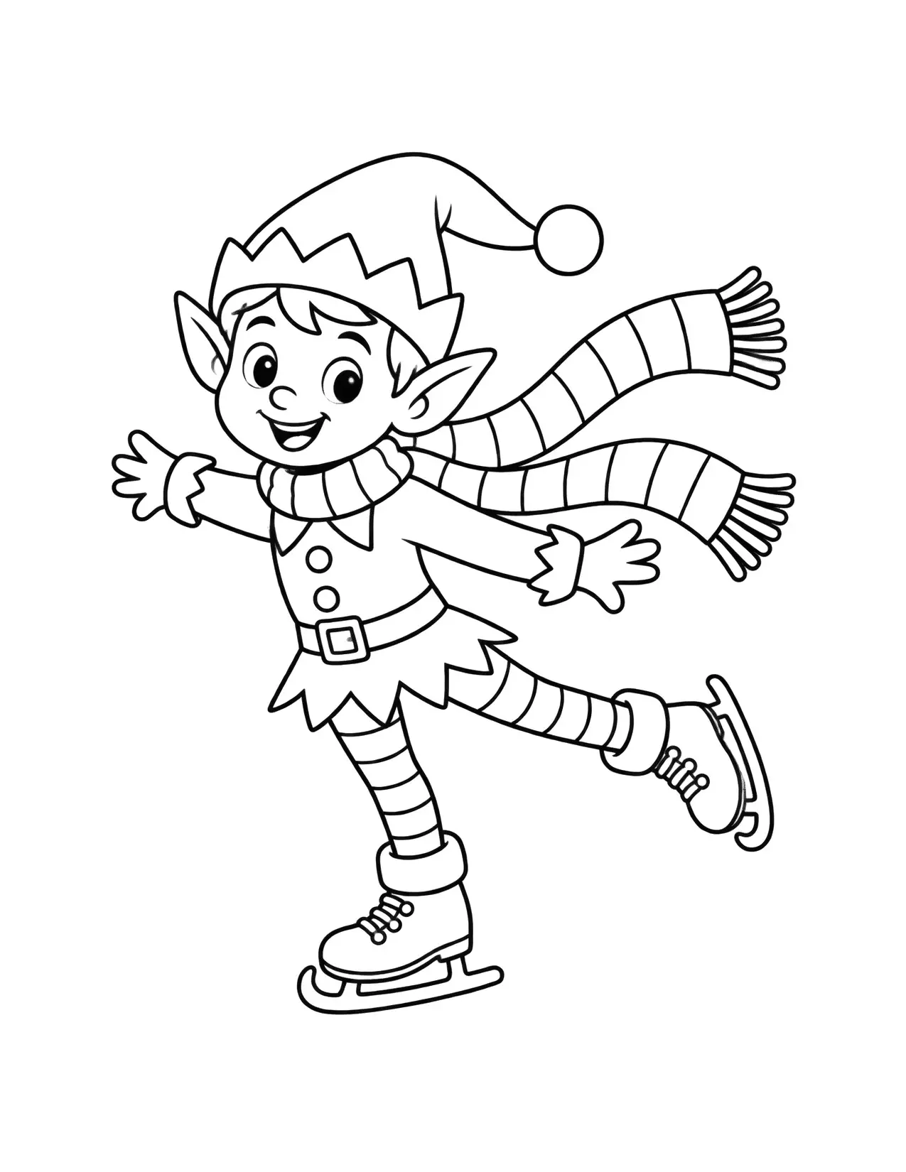 Elf coloring page with an elf ice skating in a long striped scarf