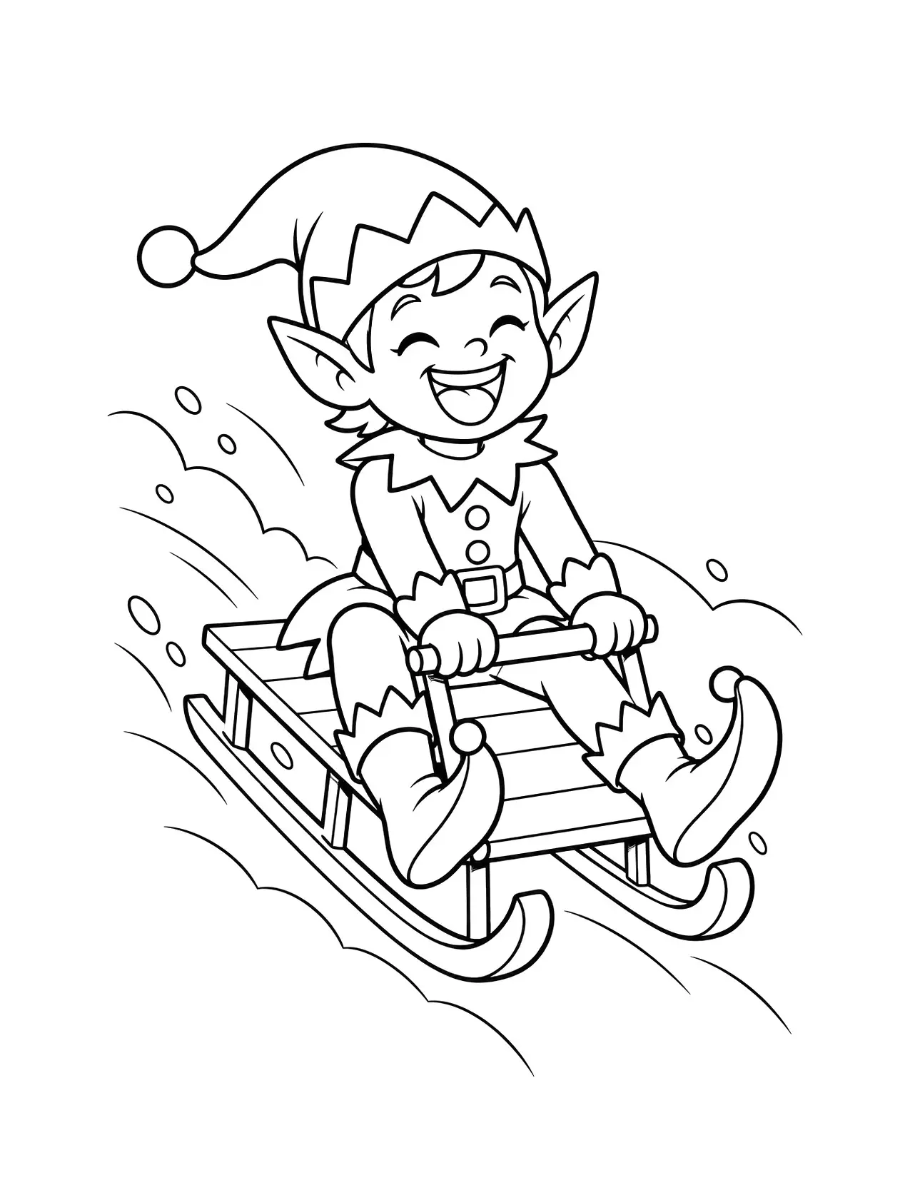 Elf coloring page with a laughing elf riding a sled down a snowy hill