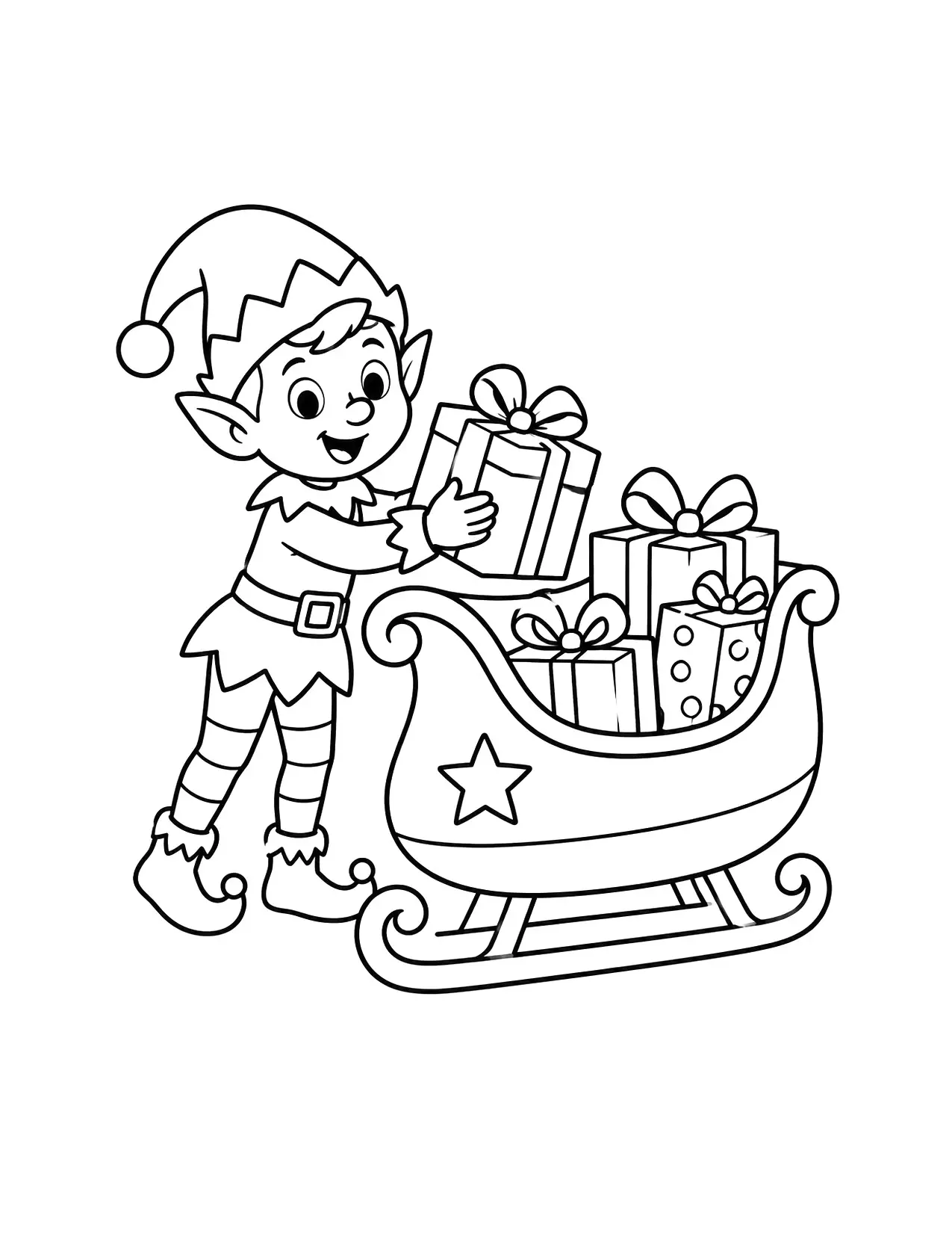 Elf coloring page with an elf loading presents into Santa's sleigh