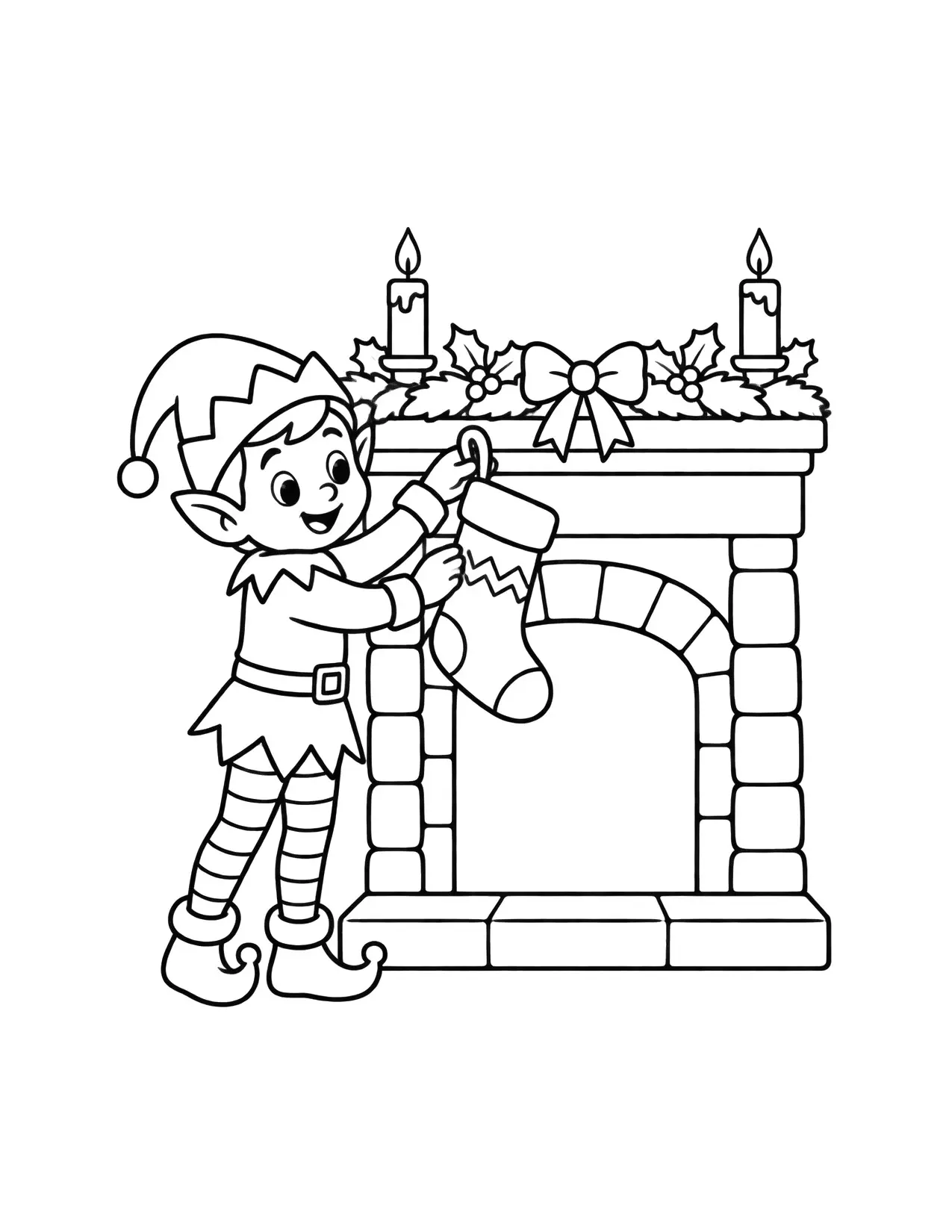 Elf coloring page with an elf hanging a stocking on the fireplace