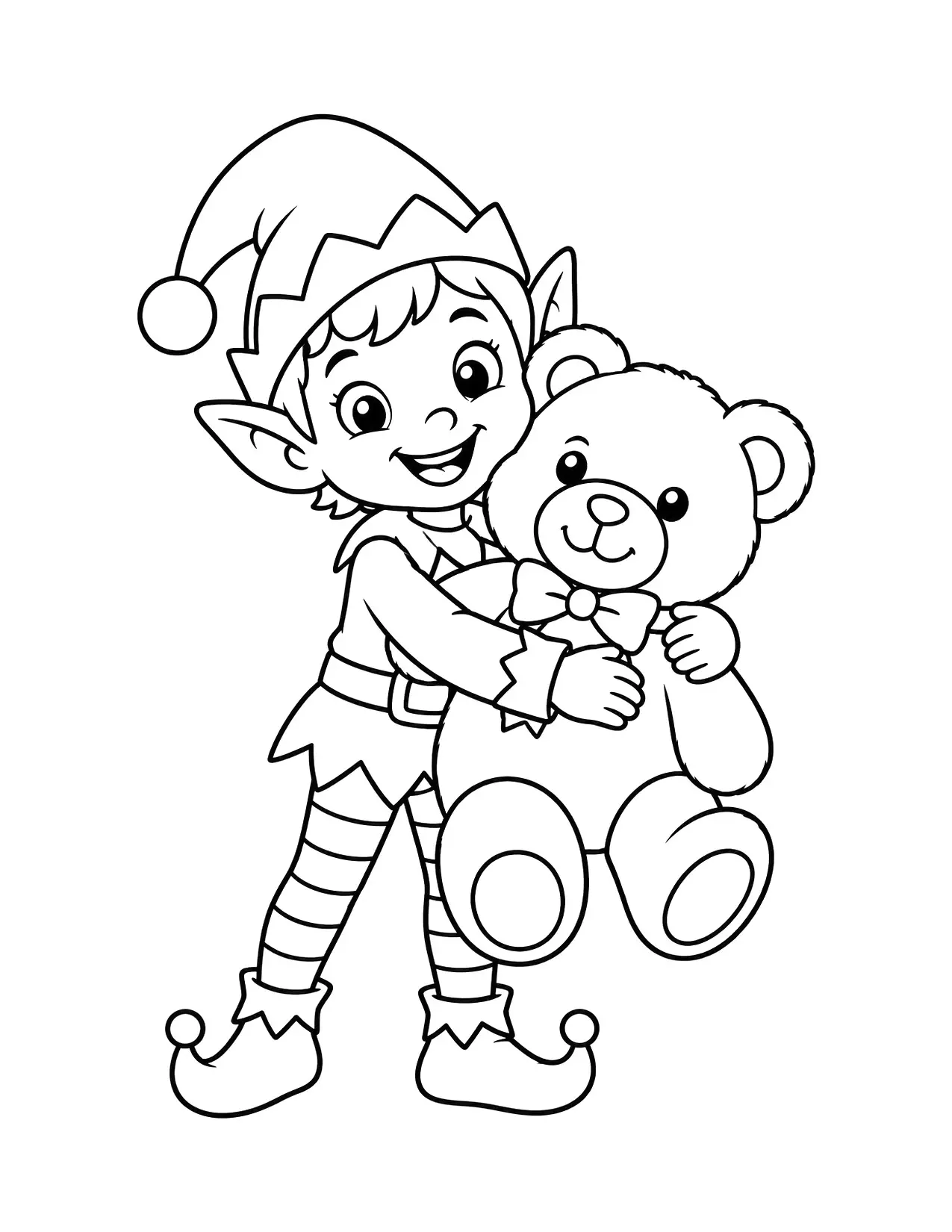 Elf coloring page with a happy elf hugging a big teddy bear