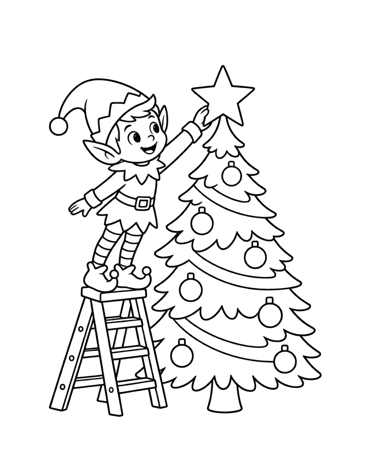Elf coloring page with an elf on a ladder putting a star on a Christmas tree