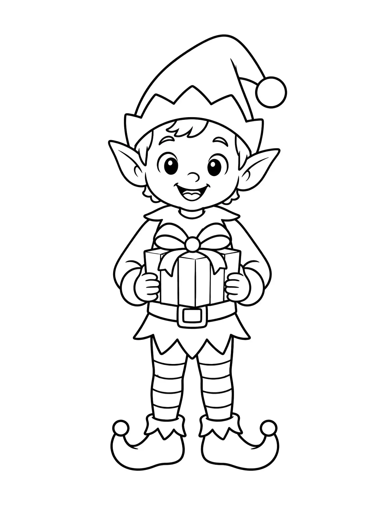 Christmas coloring page of an elf holding a gift