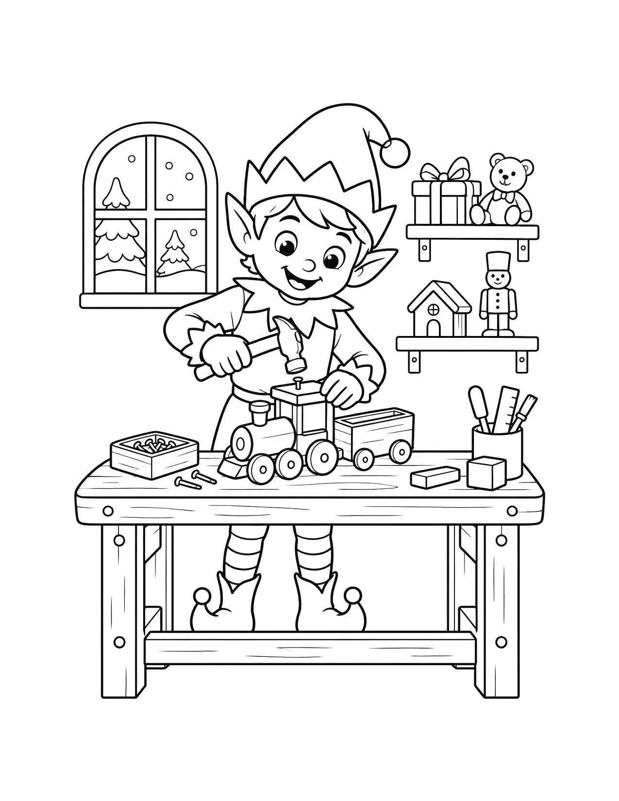 Elf coloring page with an elf building a wooden toy train in Santa's workshop