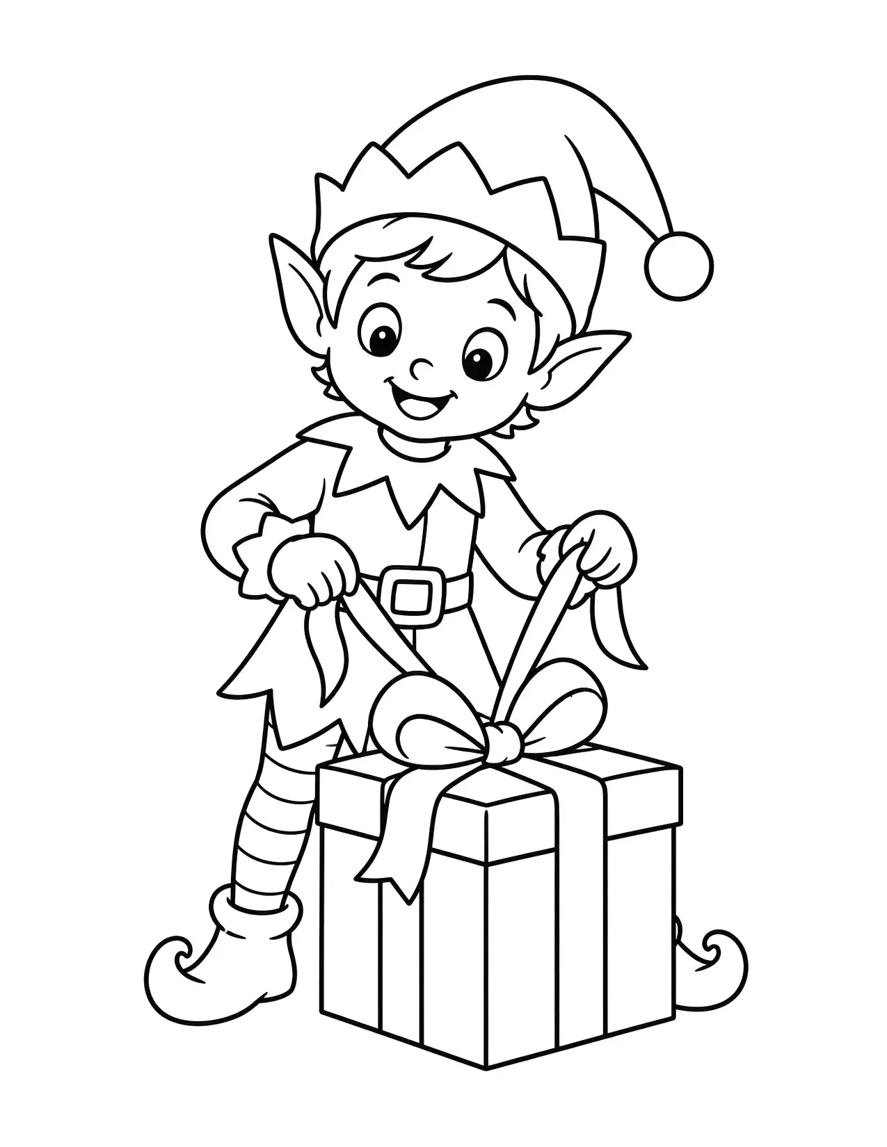 Elf coloring page with a smiling elf tying a bow on a present