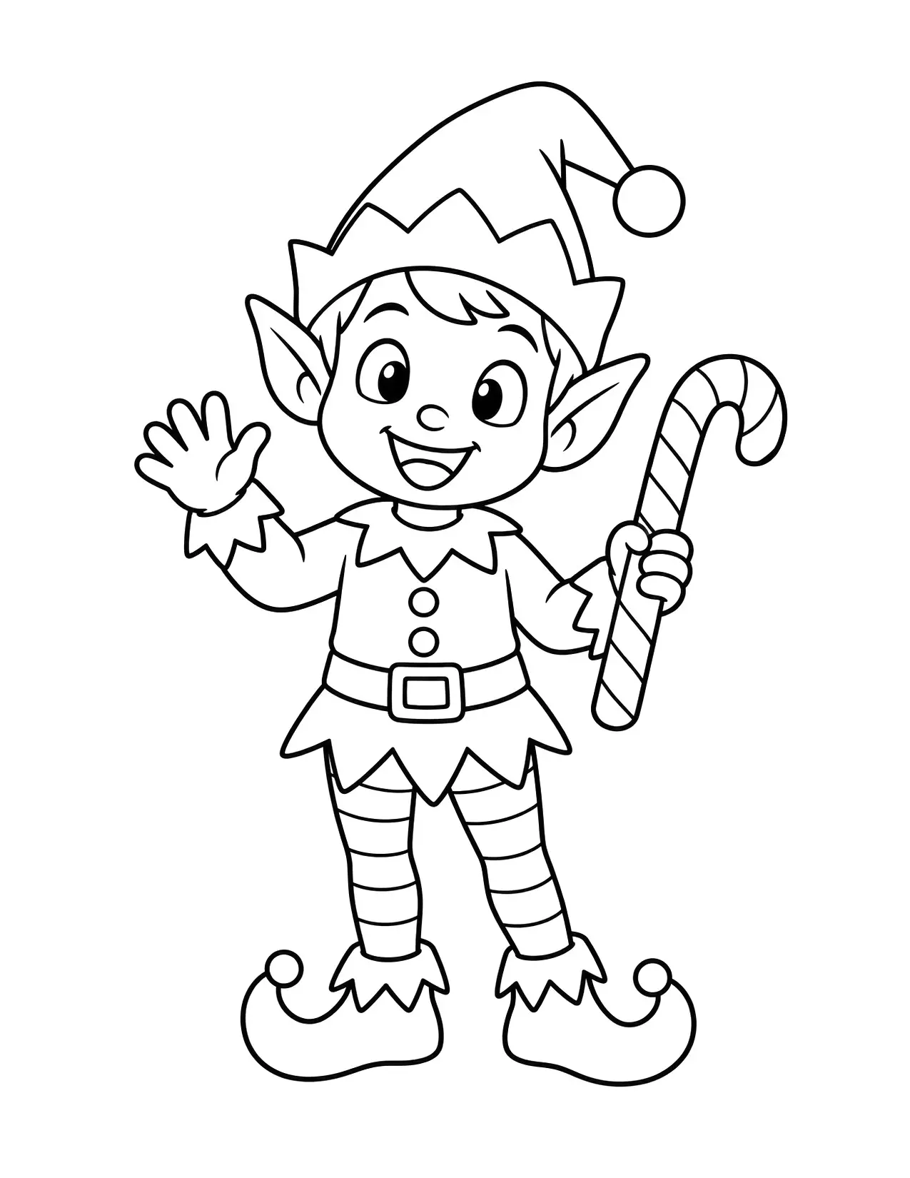 Elf coloring page with a cheerful Christmas elf in a pointy hat