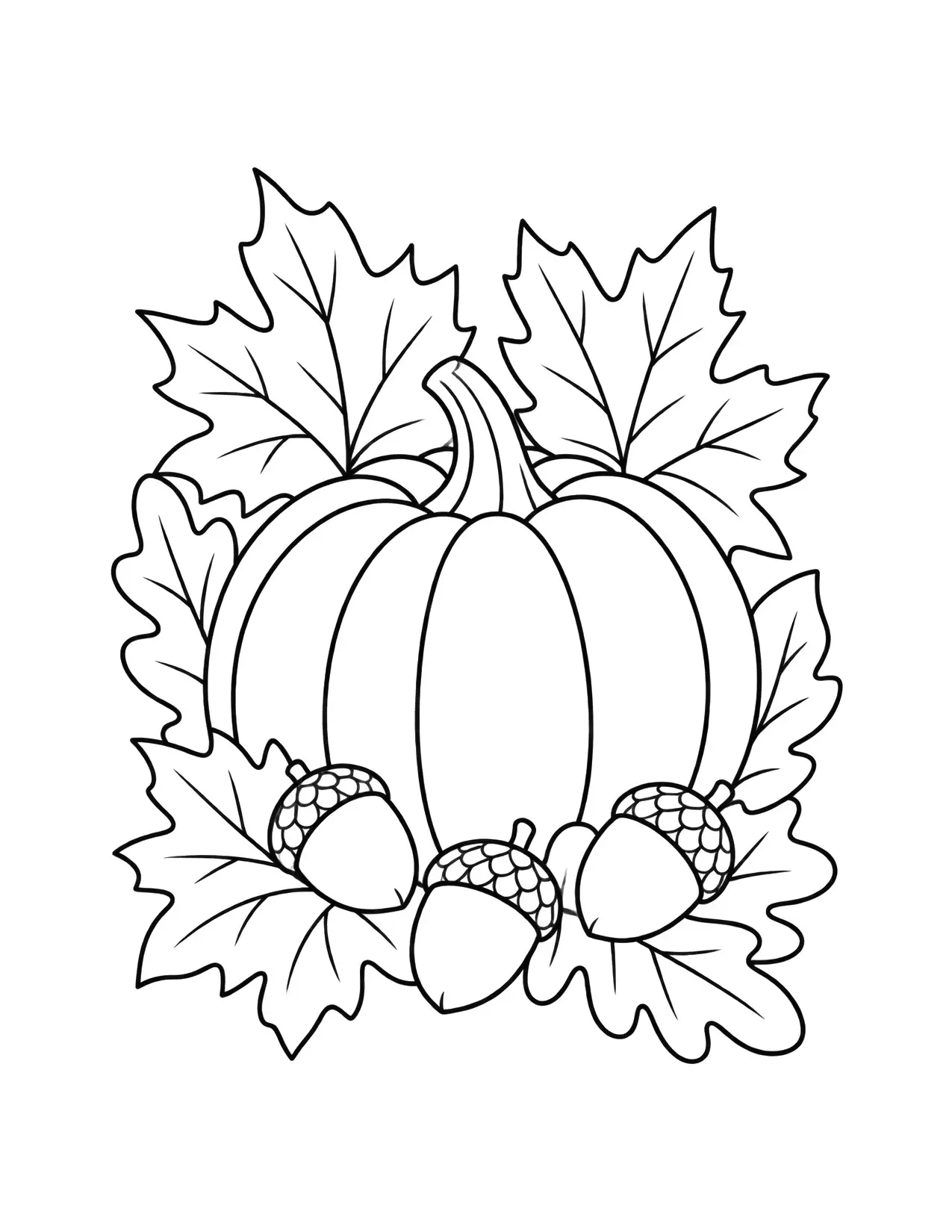Fall coloring page with autumn leaves, acorns and a pumpkin