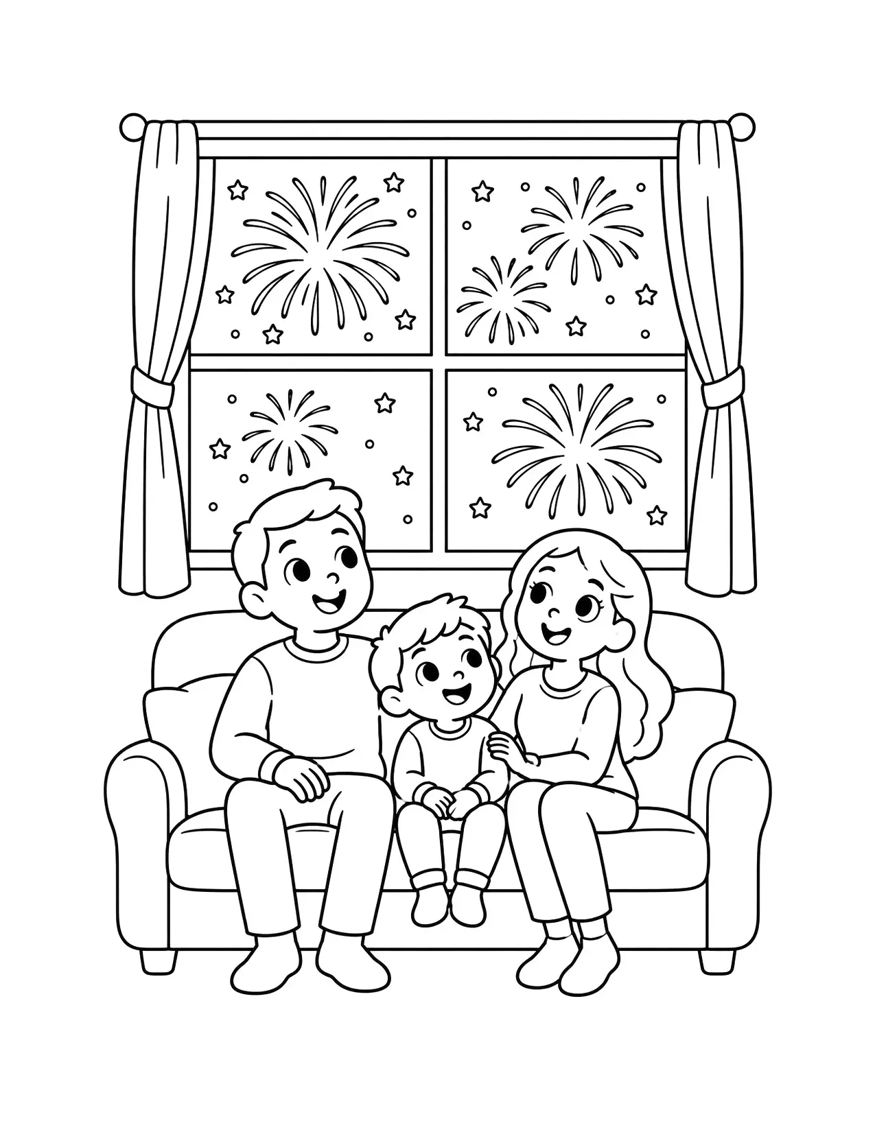 New Year coloring page of a family watching fireworks through a window